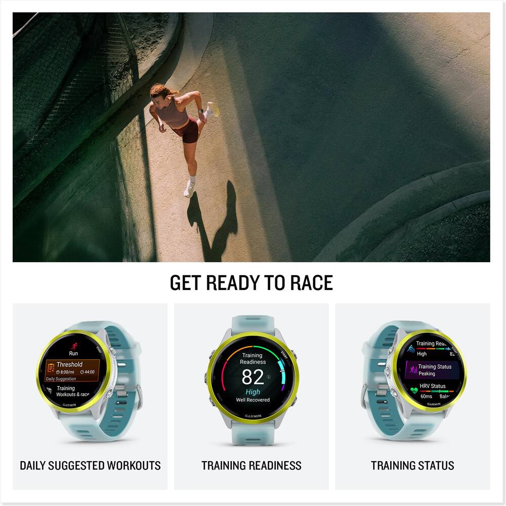 GET READY TO RACE

DAILY SUGGESTED WORKOUTS
- Run
- Threshold
- 2:00
- 44:00
- Daily Suggestion
- Workouts & race

TRAINING READINESS
- 82
- High
- Well Recovered

TRAINING STATUS
- Training Readiness
- High
- Training Status
- Peaking
- HRV Status
- 60ms
- Balanced