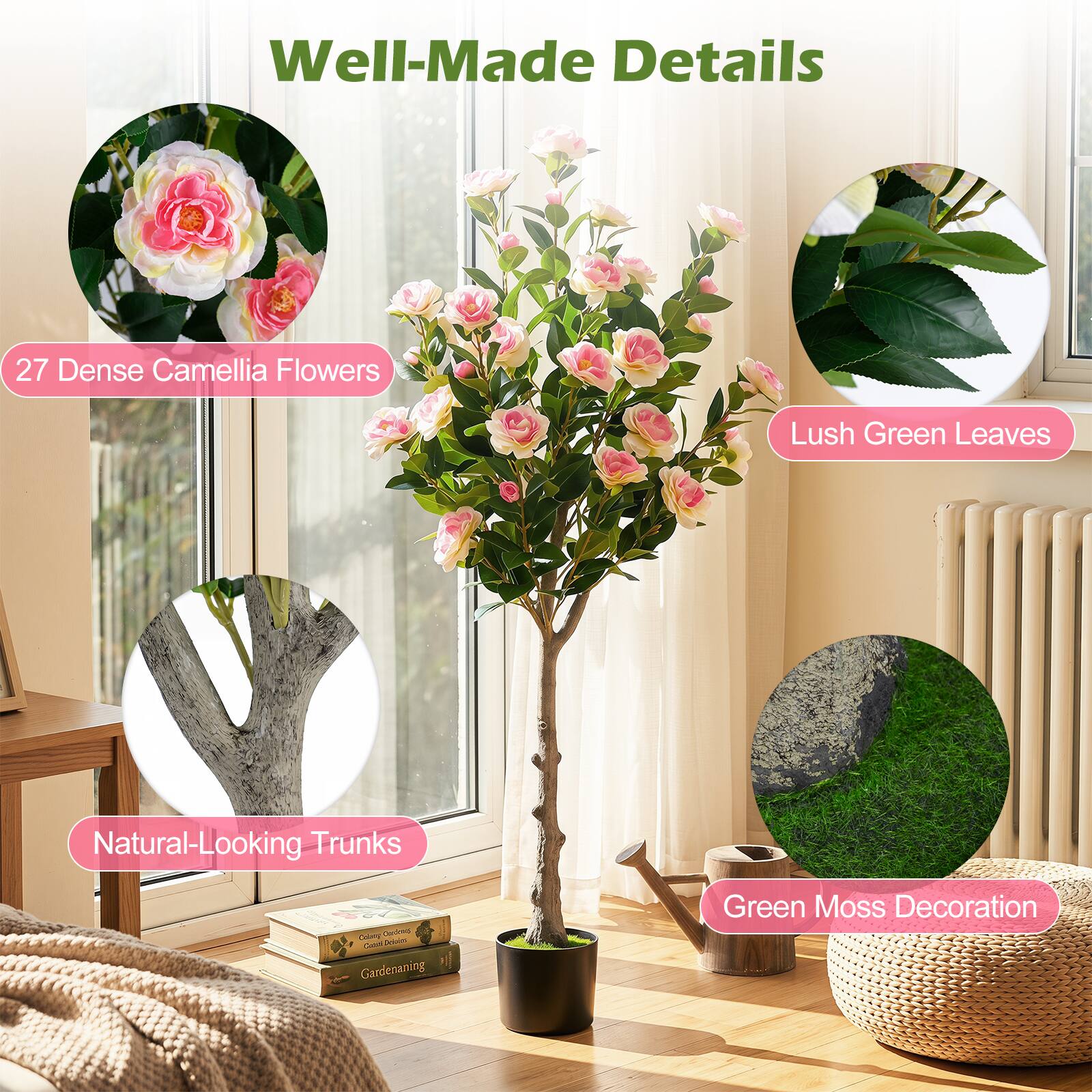 Well-Made Details

27 Dense Camellia Flowers

Lush Green Leaves

Natural-Looking Trunks

Green Moss Decoration