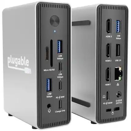 HDMI 3, USB 5Gbps, plugable USB 10Gbps, Micro SD/SD, USB 10Gbps, HDMI 2, USB 2.0, HDMI 1, USB 5Gbps, PD 4 30W, PD 4 100W, 21V/7.1A, Charge Only