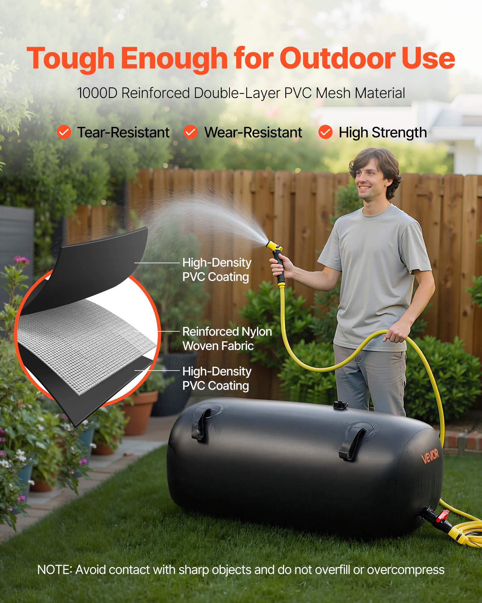 Tough Enough for Outdoor Use

1000D Reinforced Double-Layer PVC Mesh Material

- Tear-Resistant
- Wear-Resistant
- High Strength

High-Density PVC Coating
Reinforced Nylon Woven Fabric
High-Density PVC Coating

NOTE: Avoid contact with sharp objects and do not overfill or overcompress