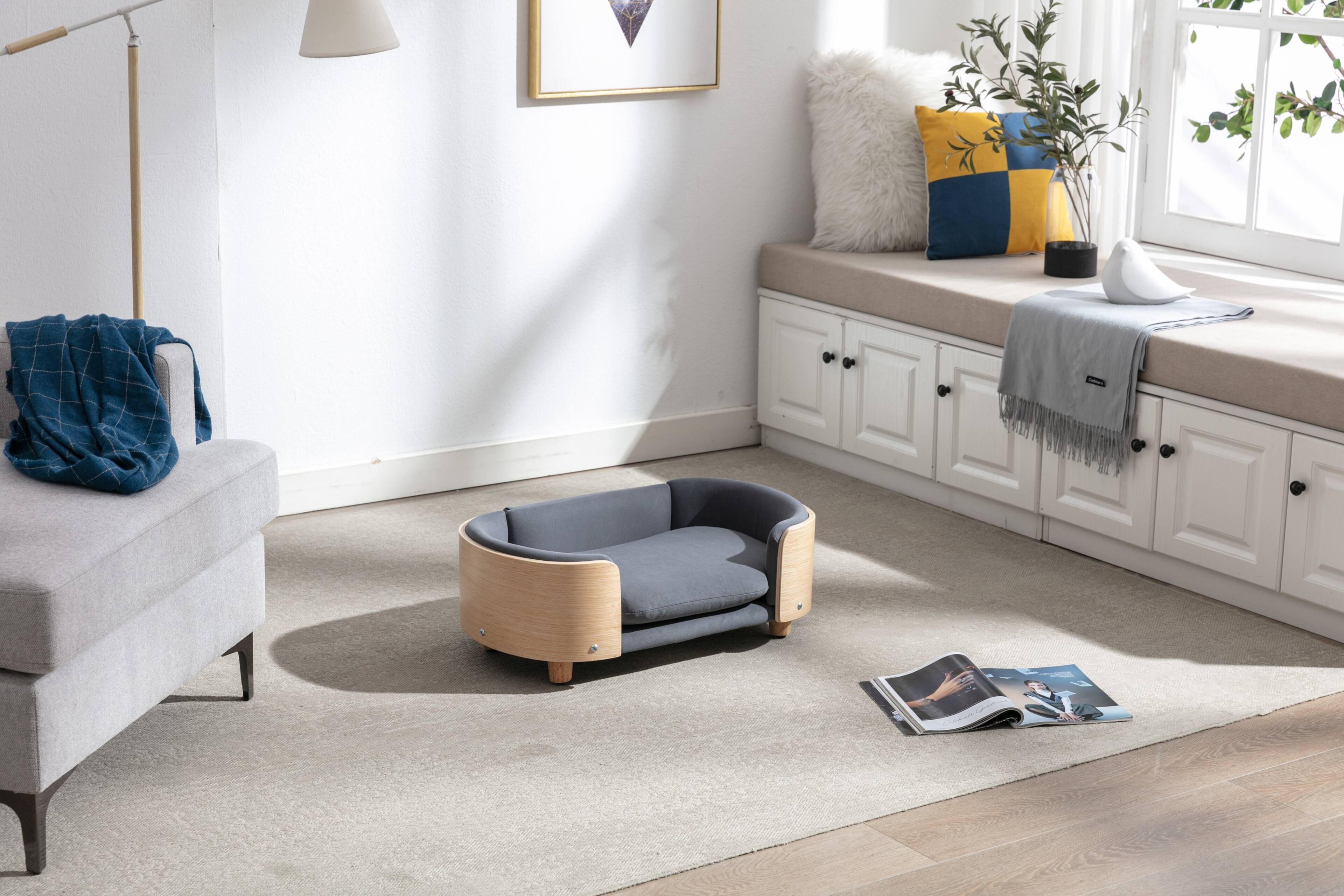 Front. APRILSOUL - Scandinavian style Elevated Dog Bed Pet Sofa With Solid Wood legs and Bent Wood Back Velvet Cushion Small Size - DARK GREY.