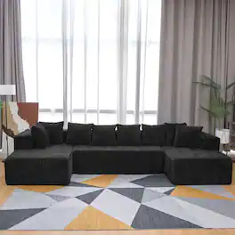 Meqiodas - 130" Boneless Couch, Cloud Couch Sectional, Corduroy Sofa for Living Room, U Shaped Modular Sofa, No Assembly - Black