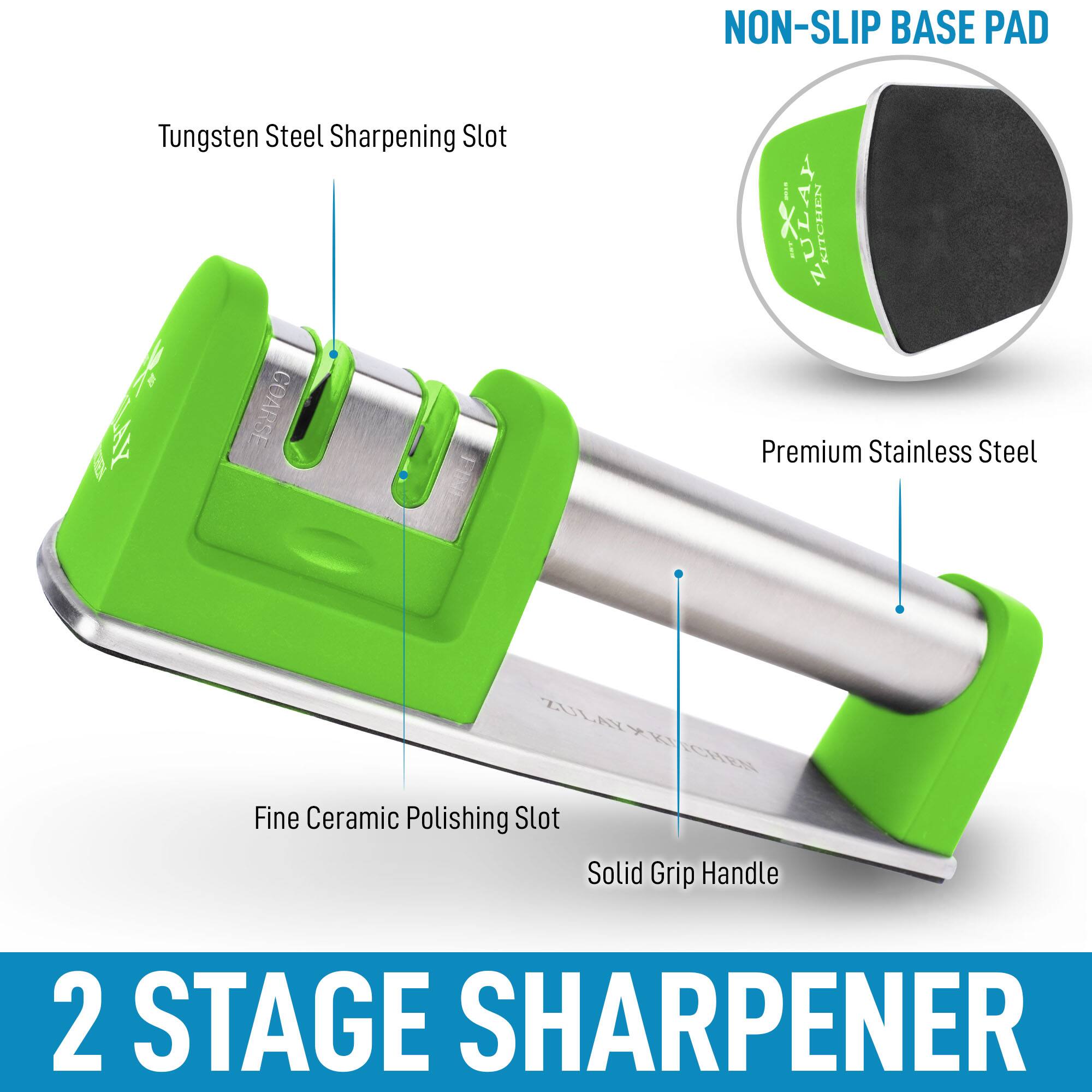 NON-SLIP BASE PAD  
Tungsten Steel Sharpening Slot  
Premium Stainless Steel  
Fine Ceramic Polishing Slot  
Solid Grip Handle  
2 STAGE SHARPENER