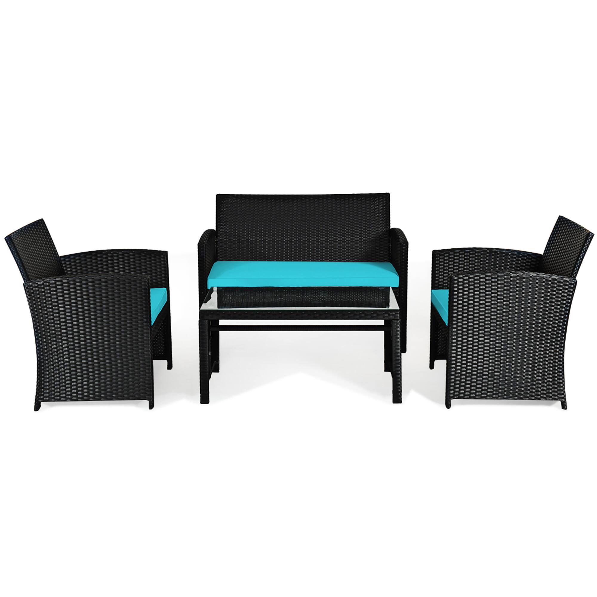Alt View 1. Gymax - Gymax 4PCS Rattan Outdoor Conversation Set Patio Furniture Set w/ Turquoise Cushions - Turquoise.