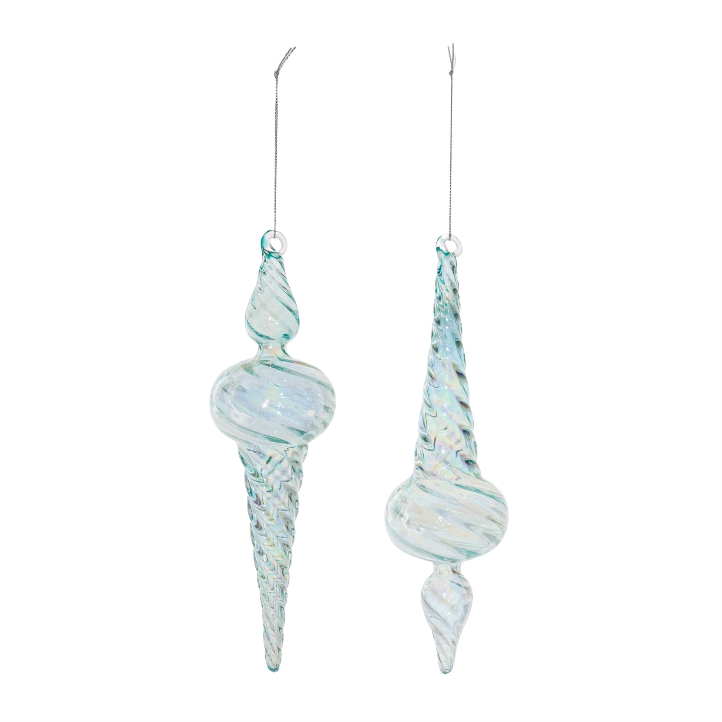 Angle. BreeBe - Iridescent Swirl Glass Finial Ornament (Set of 12) - Blue.