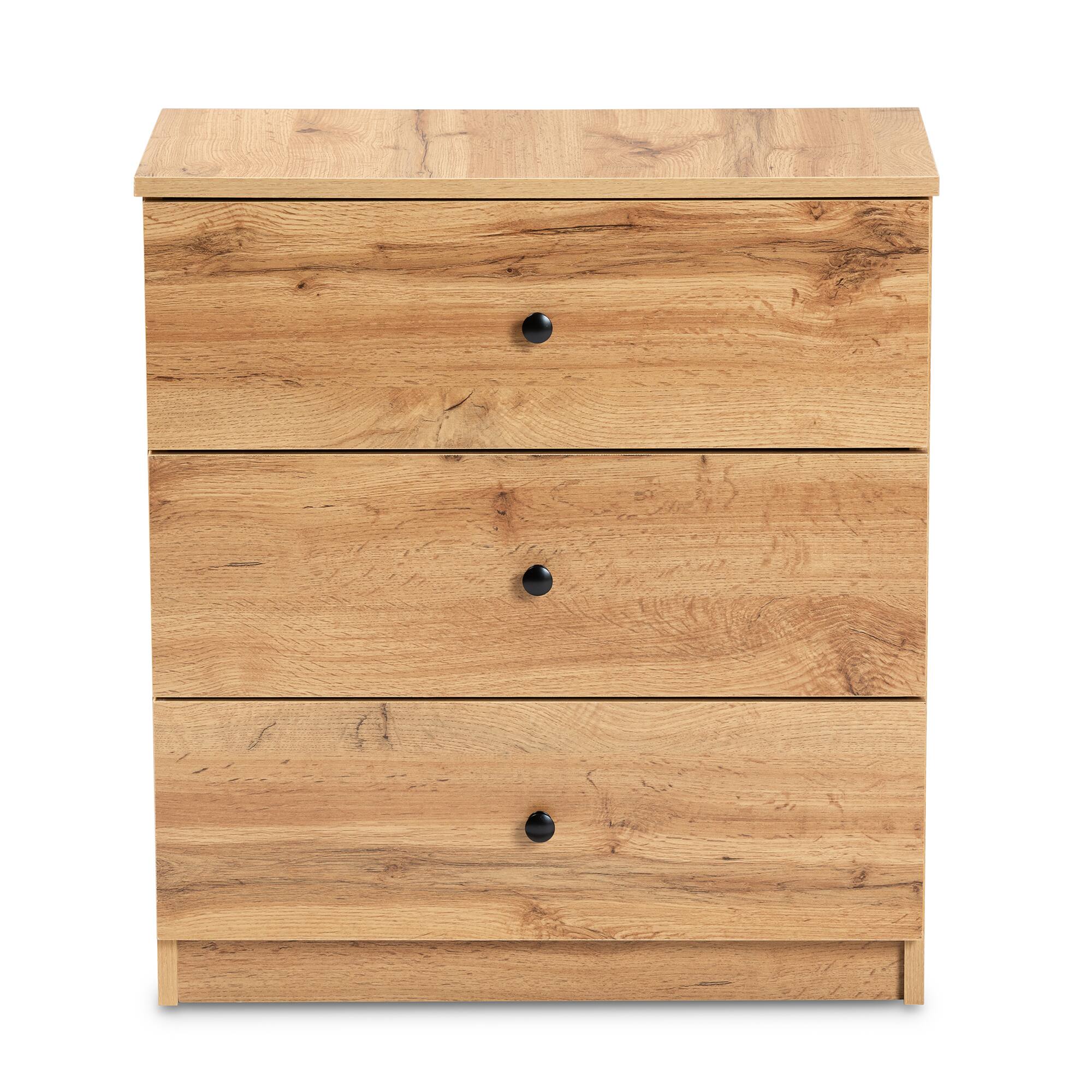 Left. Baxton Studio - Decon Modern and Contemporary Finished Wood 3-Drawer Storage Chest - Oak Brown.