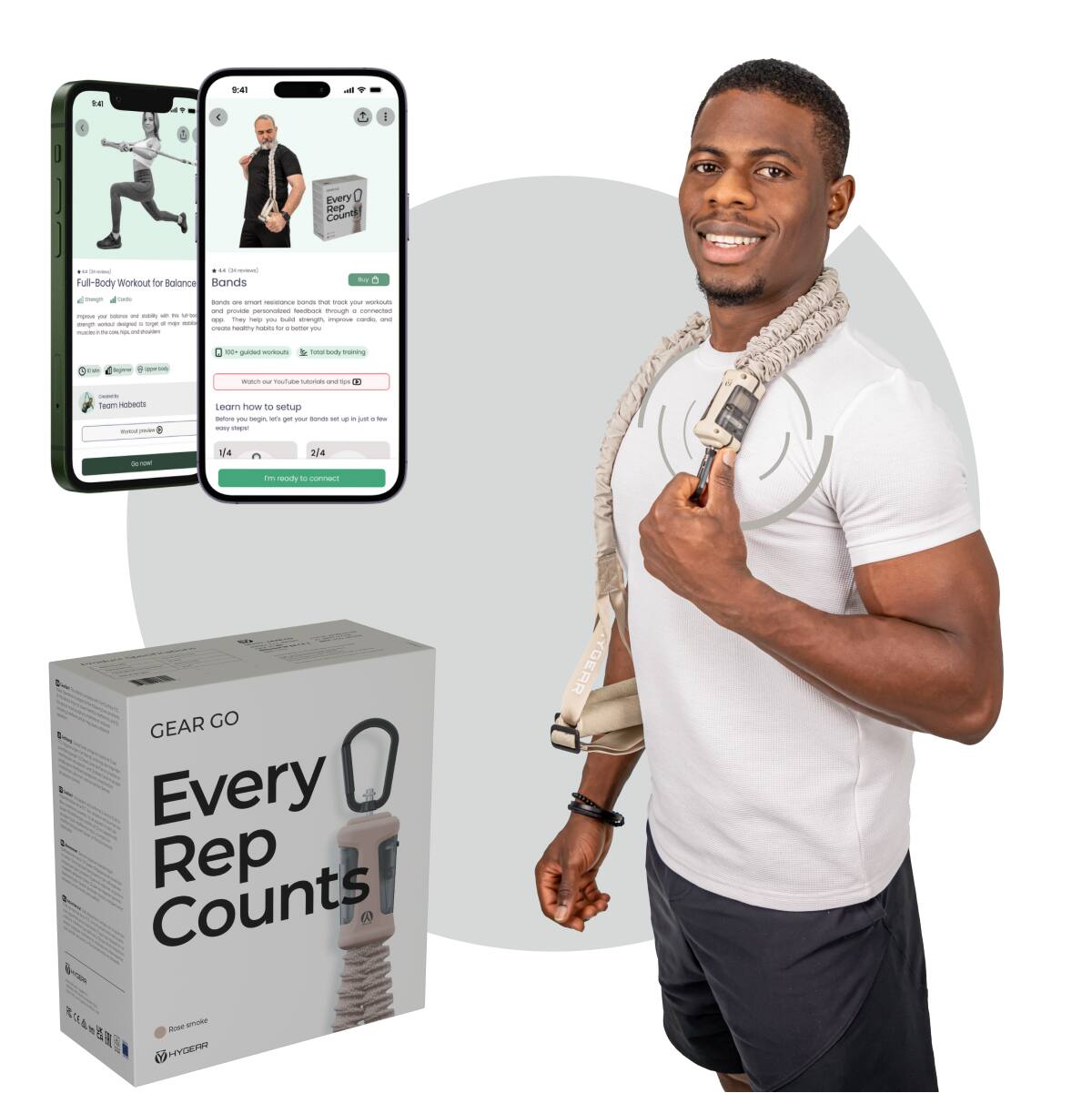 **Full-Body Workout for Balance**

Bands

Improve your balance and stability with the help of resistance bands. This workout is designed to strengthen your core, improve your posture, and enhance your overall fitness. It includes exercises that target your legs, back, and core.

- 100+ guided workouts
- Full-body training

Learn how to setup

Team Reebots

Learn how to setup

1/4 2/4

I'm ready to connect.

**Every Rep Counts**

GEAR GO

Every Rep Counts

HYDERR