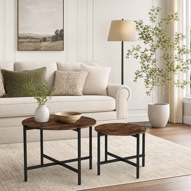 Angle. WELLFOR - Set of 2 Round Coffee Table with Metal Frame, Industrial Nesting Center Table End Tables for Apartment Home Office - Rustic Brown.