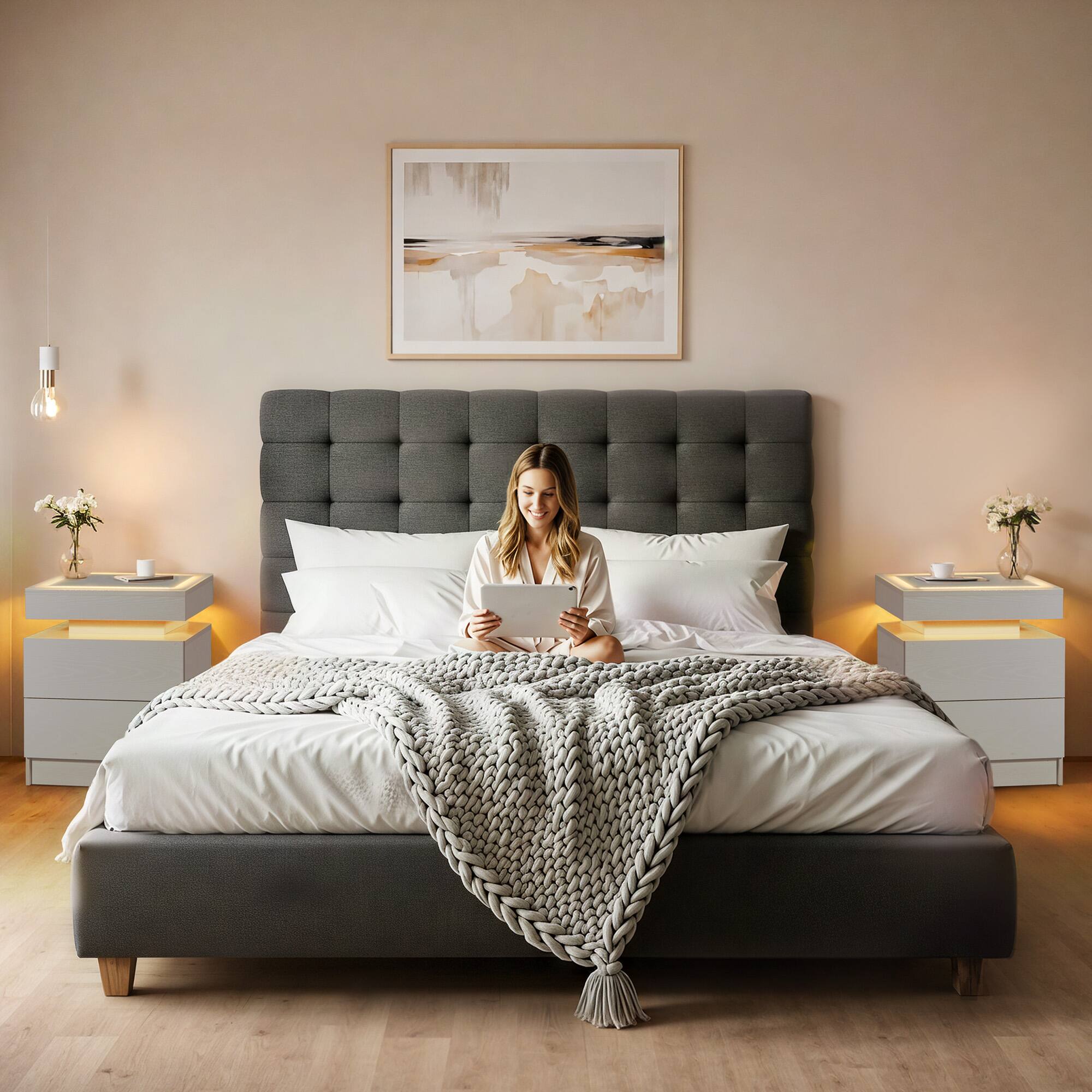 Alt View 6. U-HOMY - LED Nightstand with Wireless Charging Station, Floating Bedside Table with RGB Lights, USB Ports, and Storage Drawers - White.