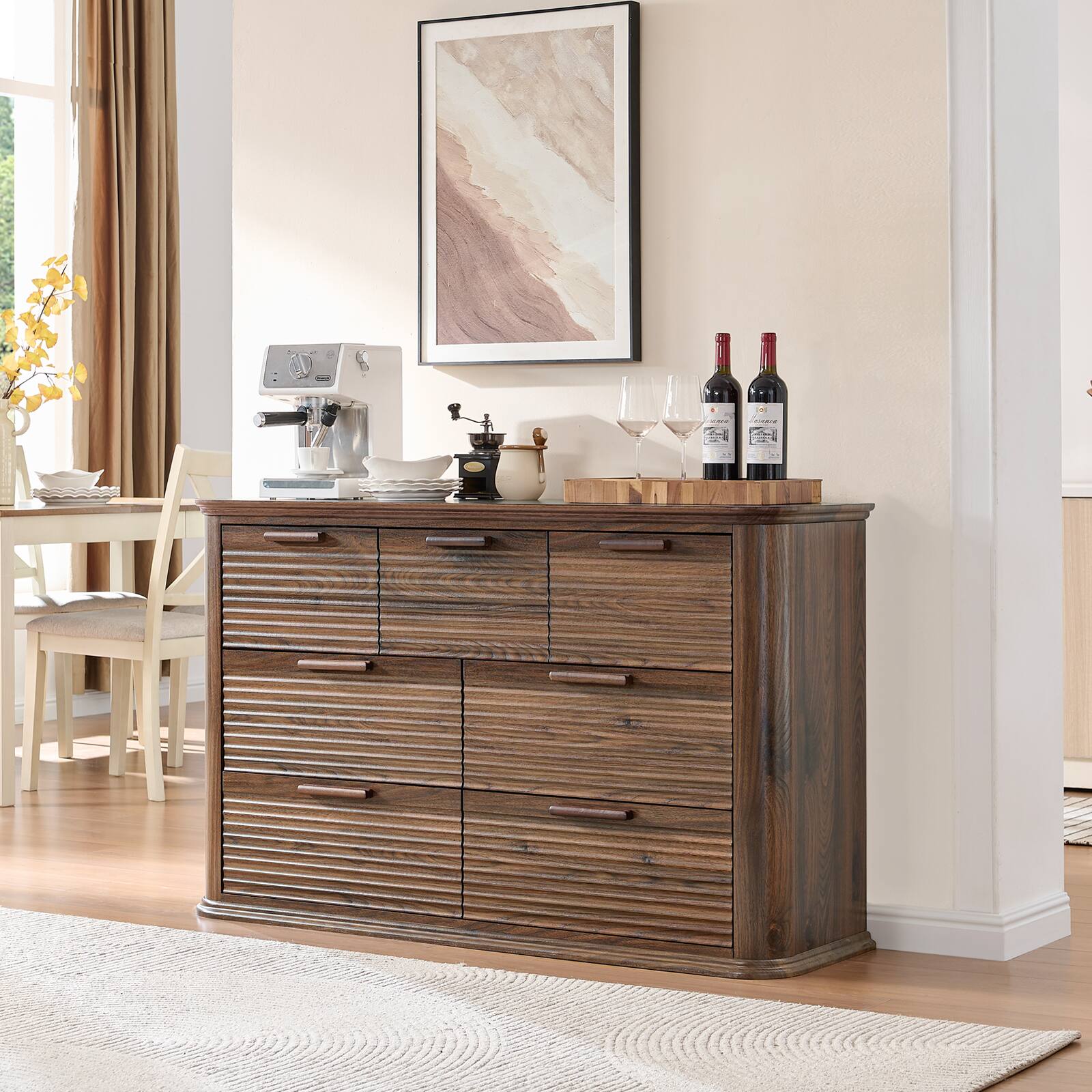 Angle. Forest'nSky - Walnut Wood 7 drawer 52 in. Wide Chest of Drawers with Curved Profile Design for Living Room - Walnut.