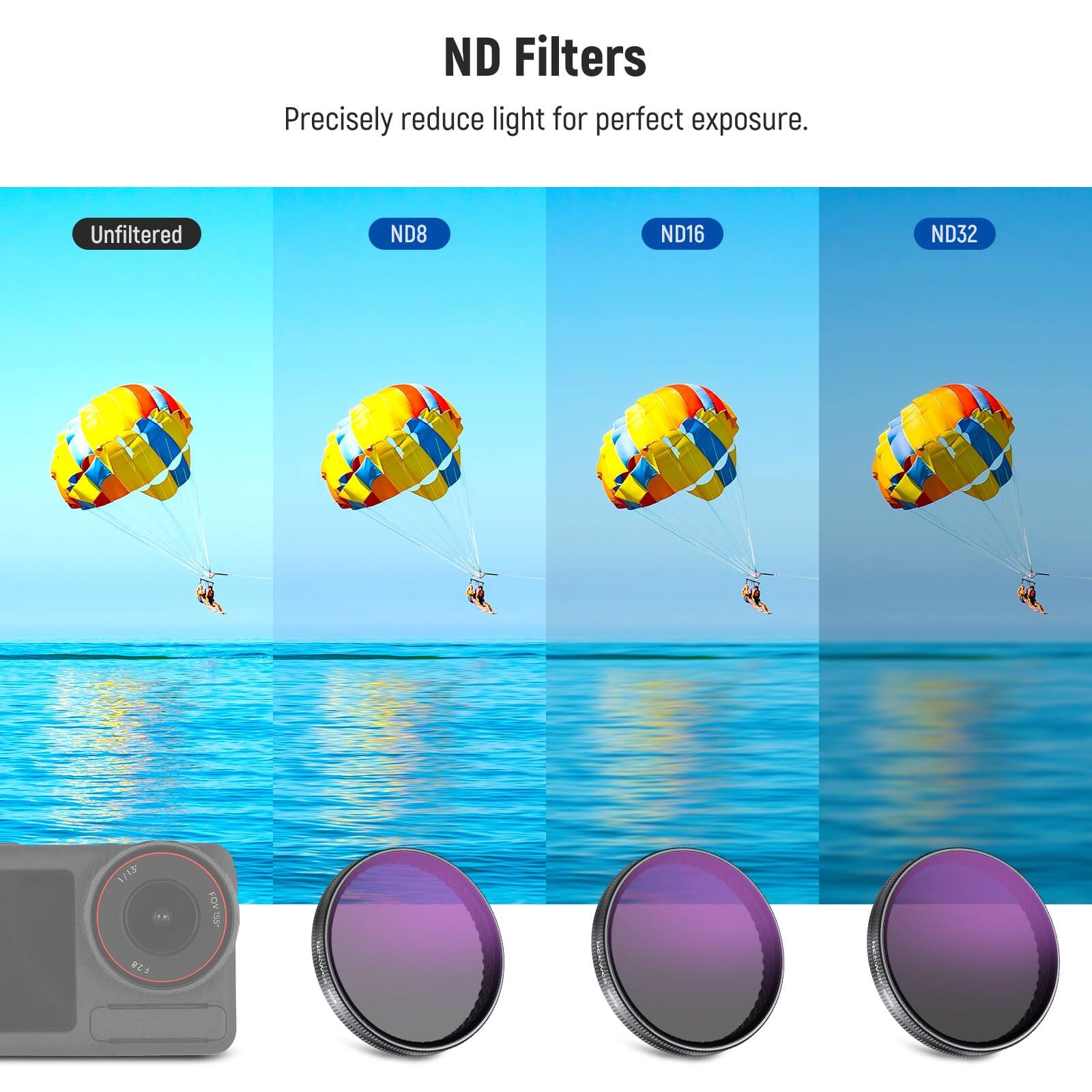 ND Filters  
Precisely reduce light for perfect exposure.  

Unfiltered  
ND8  
ND16  
ND32