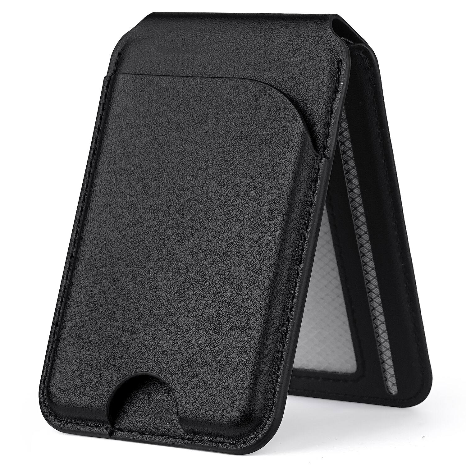 Angle. Alpha Digital - Magnetic Leather Wallet - MagSafe, Adjustable Phone Stand, Compatible w/ iPhone 12-17 - Black.