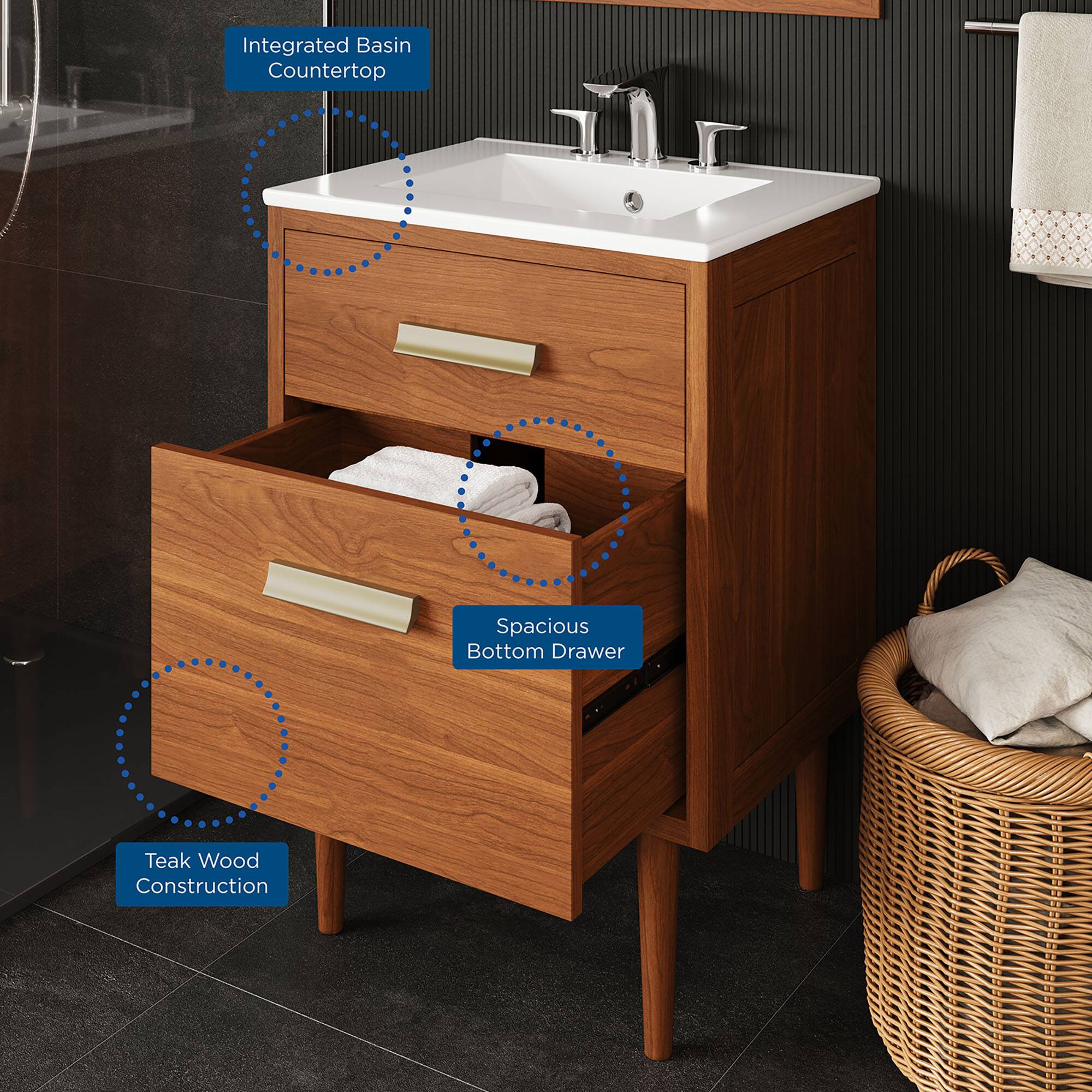 Integrated Basin Countertop  
Spacious Bottom Drawer  
Teak Wood Construction