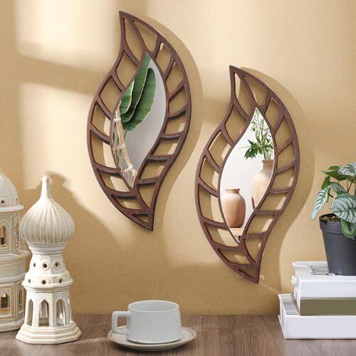 Live At Space - 2 Decorative Mirror Wall Decor Leaf Teardrop Mounted Decorations for Living Room Bedroom Bathroom Vanity Entryway - Brown