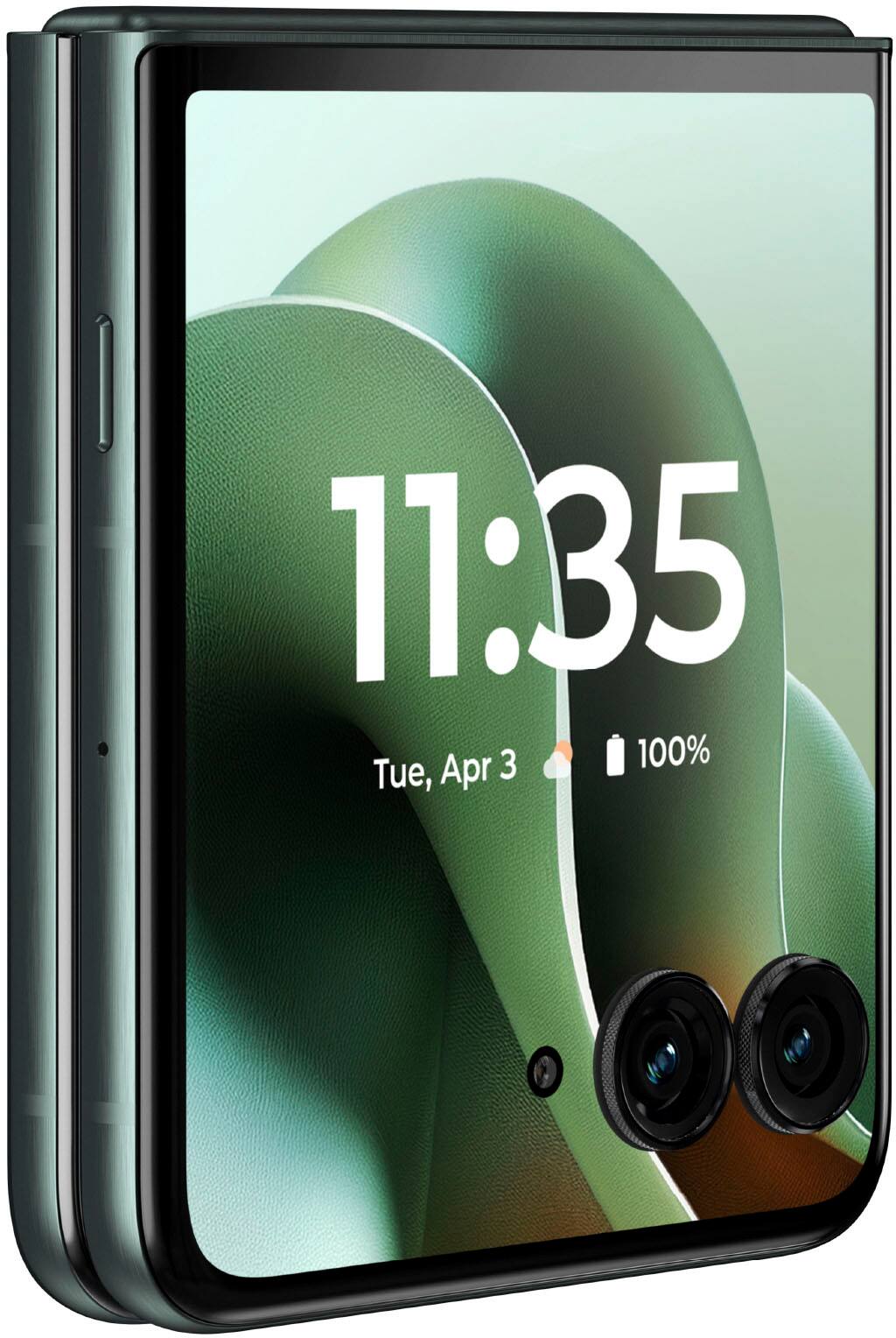 The time displayed on the phone is 11:35. The date is Tuesday, April 3rd. The battery level is at 100%.