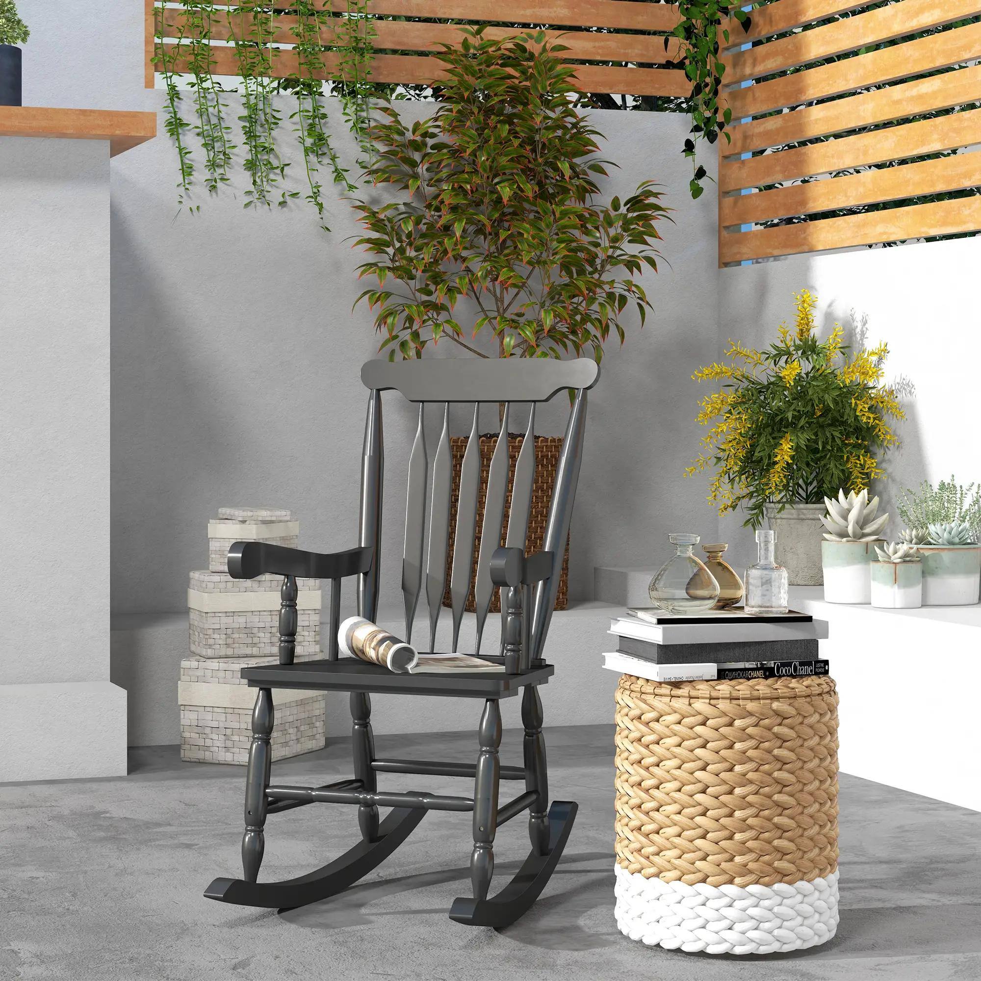 Left. Resenkos - Resenkos High-Back Rocking Chair, 350 lbs Capacity, Durable Wood, Perfect for Outdoor, Garden Seating, Black - Black.