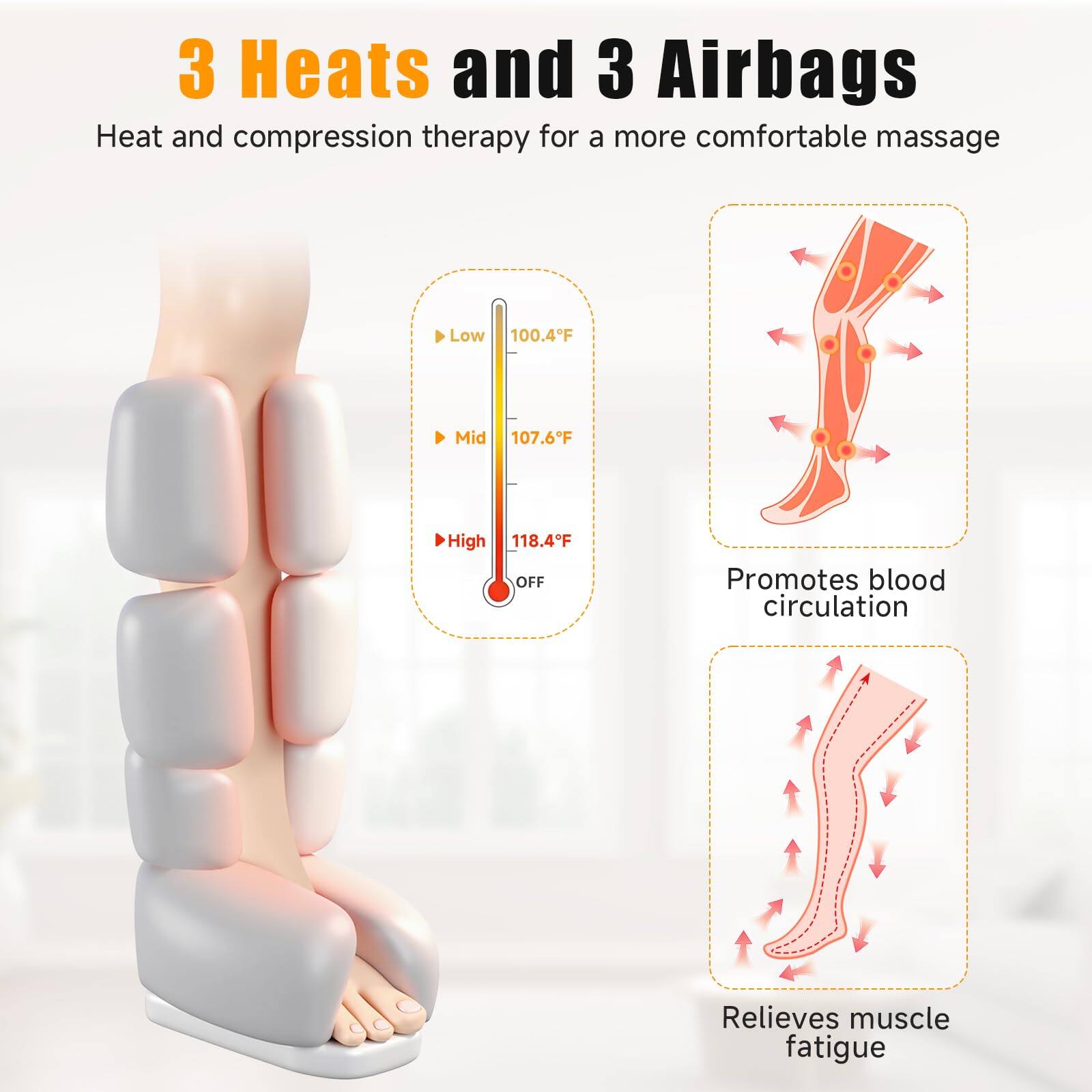 3 Heats and 3 Airbags  
Heat and compression therapy for a more comfortable massage  

- Low: 100.4°F  
- Mid: 107.6°F  
- High: 118.4°F  
- OFF  

Promotes blood circulation  
Relieves muscle fatigue