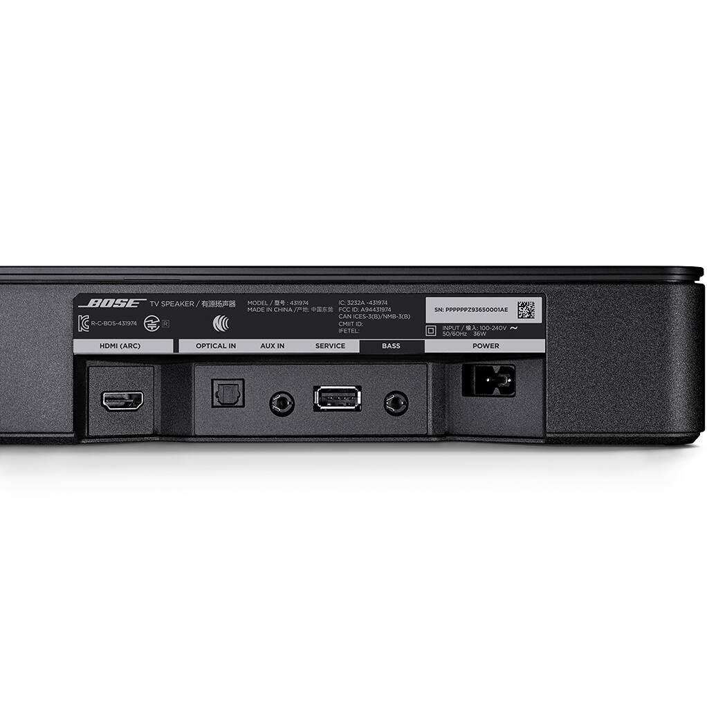 BOSE TV SPEAKER  
MODEL: 431974  
IC: 3232A-431974  
MADE IN CHINA  
FCCID: A94431974  
FCC SN: PPPPPPZ93650001AE  
CAN ICES-3(B)/NMB-3(B)  
R-C-BOS-431974  
CMIT ID: D  
INPUT: 100-240V 50/60Hz 36W  
HDMI (ARC)  
OPTICAL IN  
AUX IN  
SERVICE  
BASS  
POWER