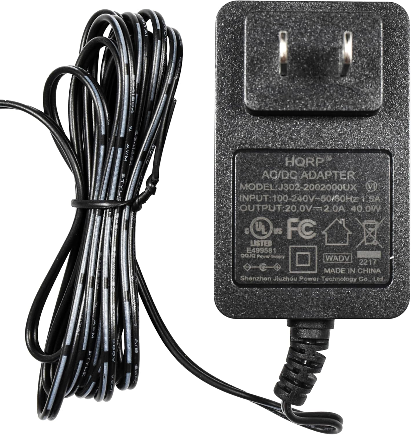 TM AWM S HQRP AG/DC ADAPTER MODEL 20020000X VI INPUT: 100-240V-50/60HZ OUTPUT: 20V=2.0A 40.0W C U2 US FC LISTED E499581 QaJQ Peer Supply WADV 2217 MADE IN CHINA Shenzhen Jluzhou Power Technology Co., Ltd AWM TY DOOV A/M DOO