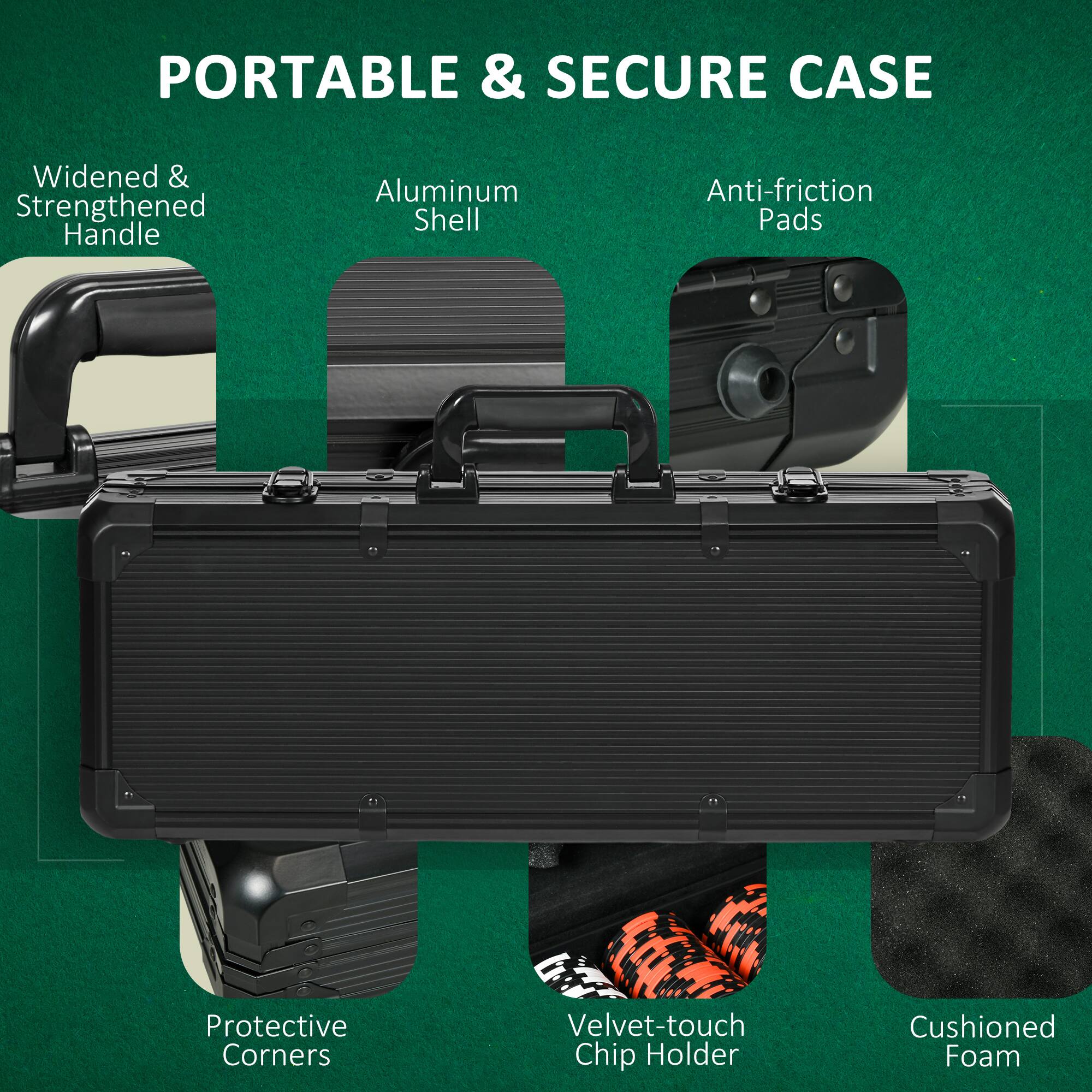 PORTABLE & SECURE CASE
Widened & Strengthened Handle
Aluminum Shell
Anti-friction Pads
Protective Corners
Velvet-touch Chip Holder
Cushioned Foam