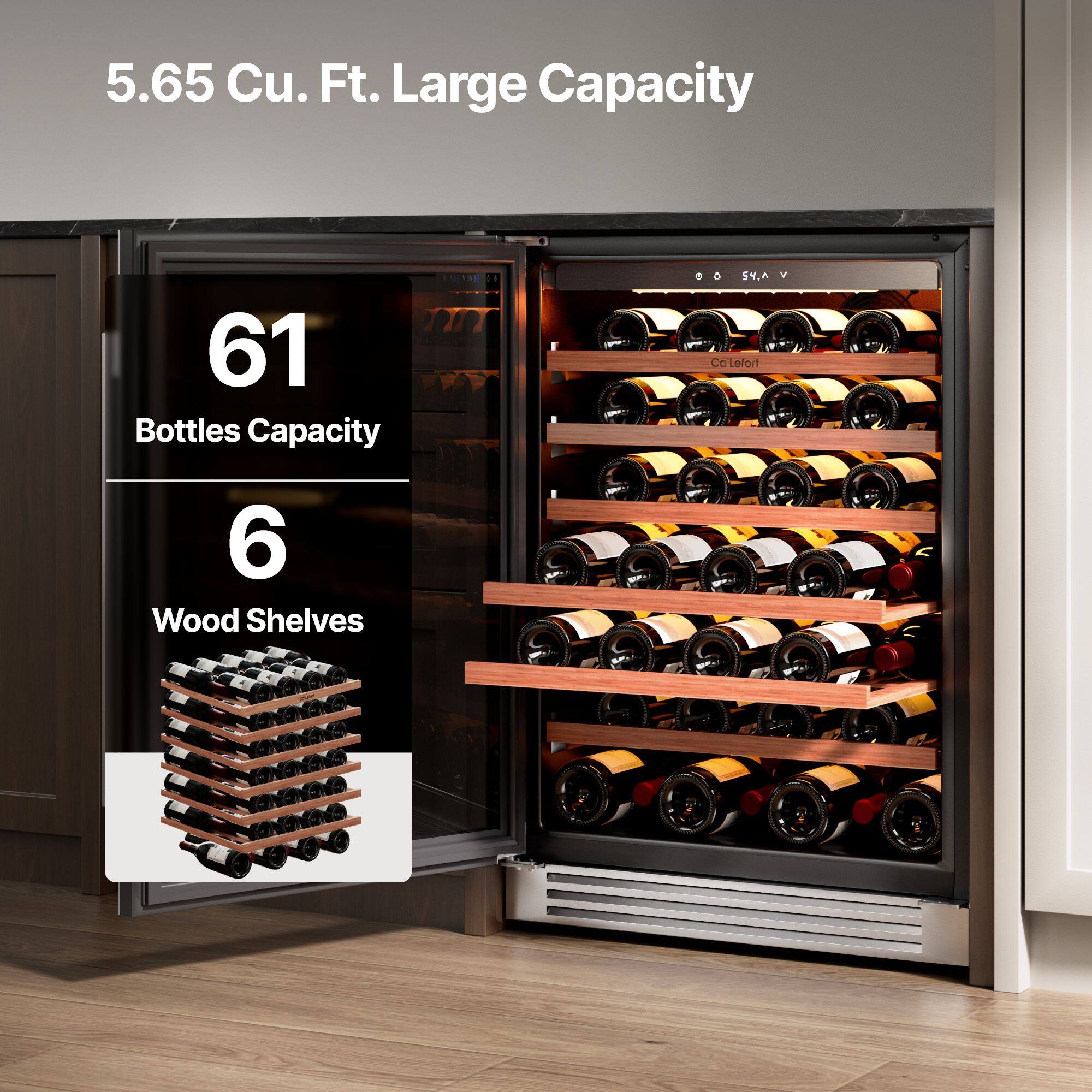 5.65 Cu. Ft. Large Capacity  
61 Bottles Capacity  
6 Wood Shelves