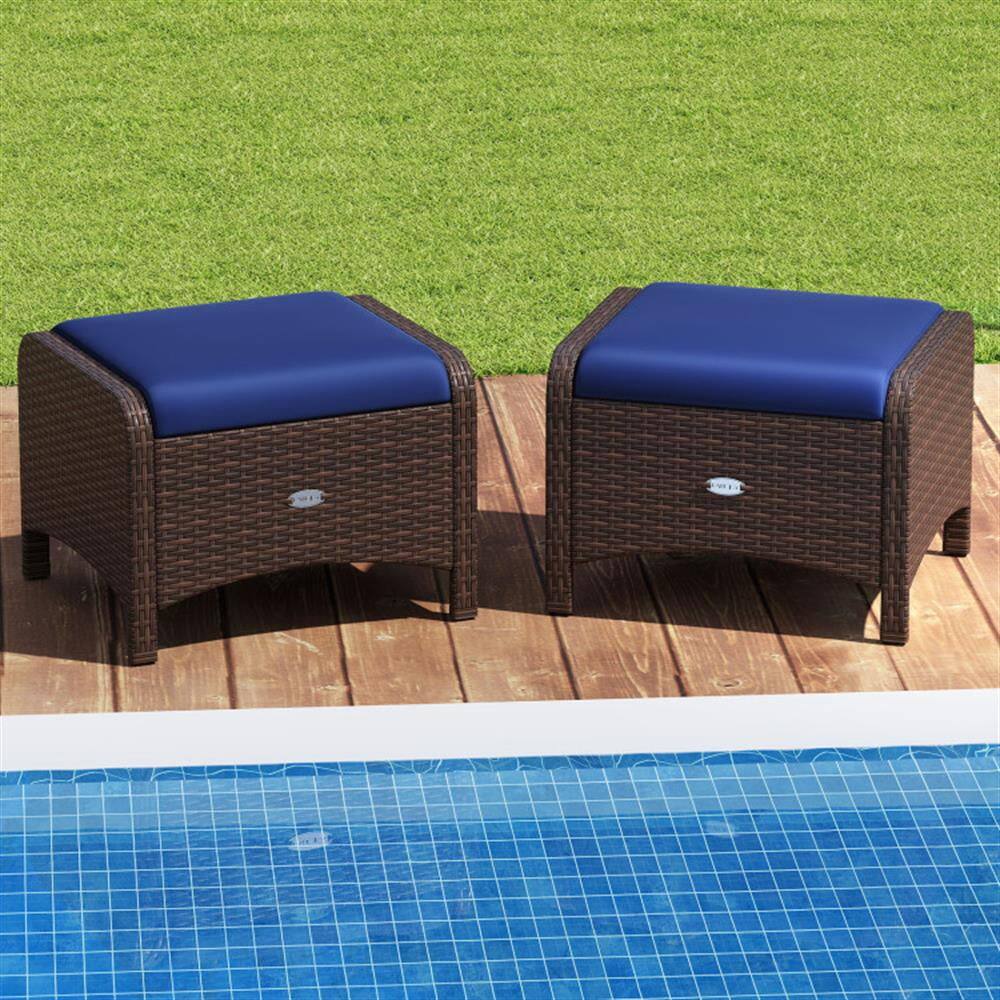 Left. Kadyn - Outdoor Footstool Footrest,2 Pieces Outdoor Patio PE Wicker Ottomans with Removable Cushions-Navy - Blue.