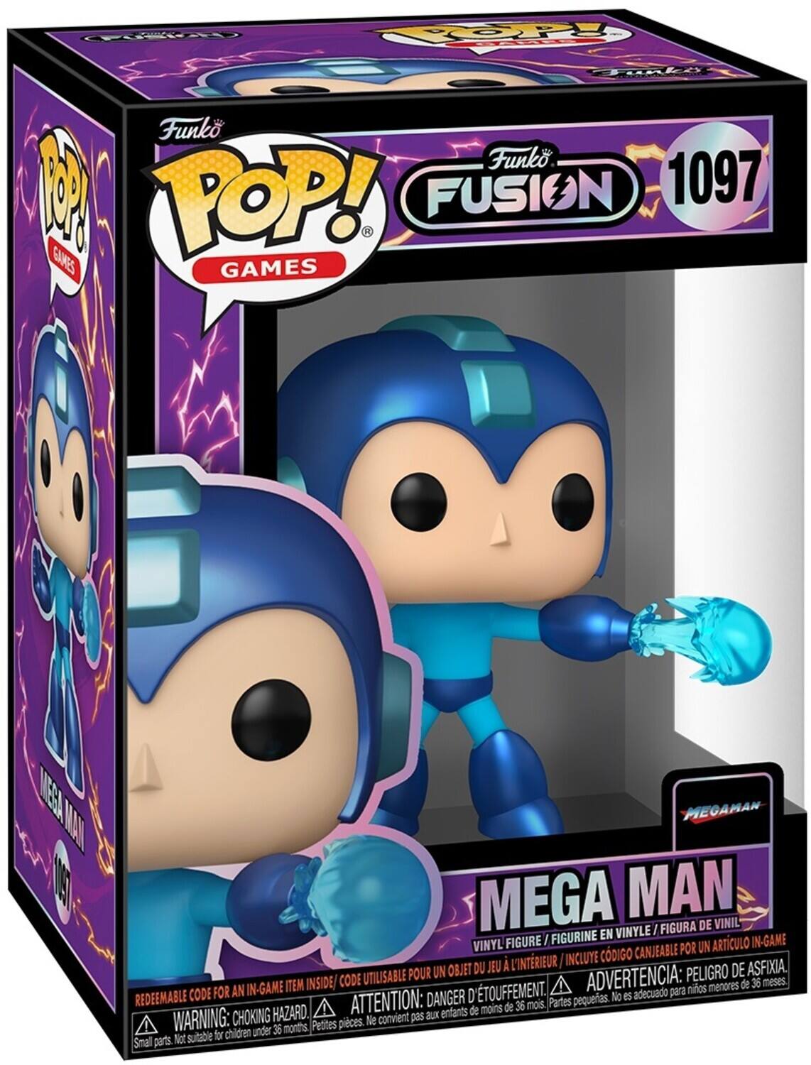 Funko POP! Games  
Fusion 1097  
Mega Man  

Vinyl Figure / Figurine en Vinyle / Figura de Vinil  
Includes Redeemable Code for an In-Game Item Inside / Incluye Código Canjeable por un Artículo In-Game  
Danger of Suffocation / Peligro de Asfixia  

Warning: Choking Hazard. Small parts. Not suitable for children under 36 months.  
Attention: Danger d'étouffement. Petites pièces. Ne convient pas aux enfants de moins de 36 mois.  
Advertencia: Peligro de asfixia. Partes pequeñas. No es adecuado para niños menores de 36 meses.