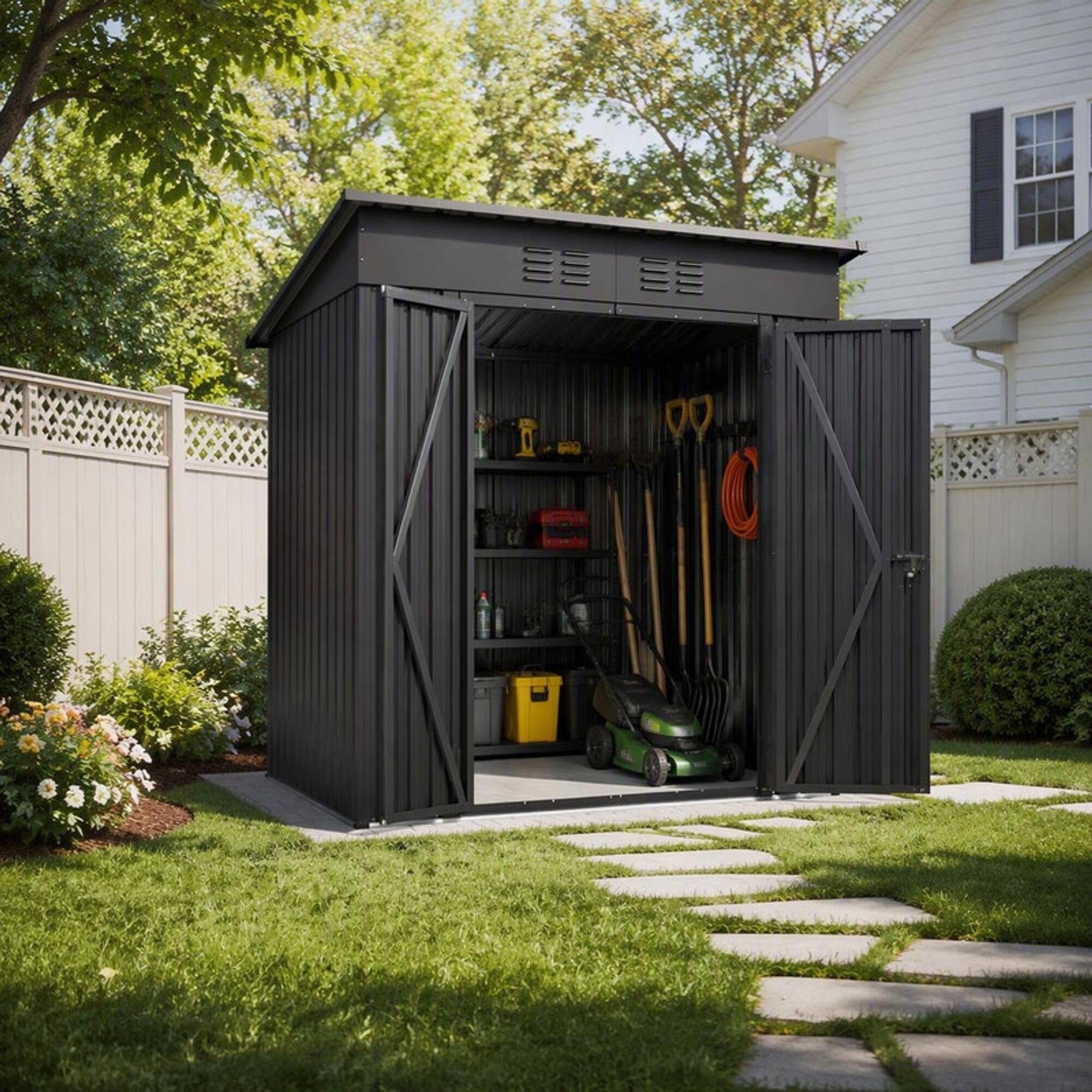 RYHNUYNE 6x4 ft Metal Shed Double Doors Galvanized Steel Aluminum ...