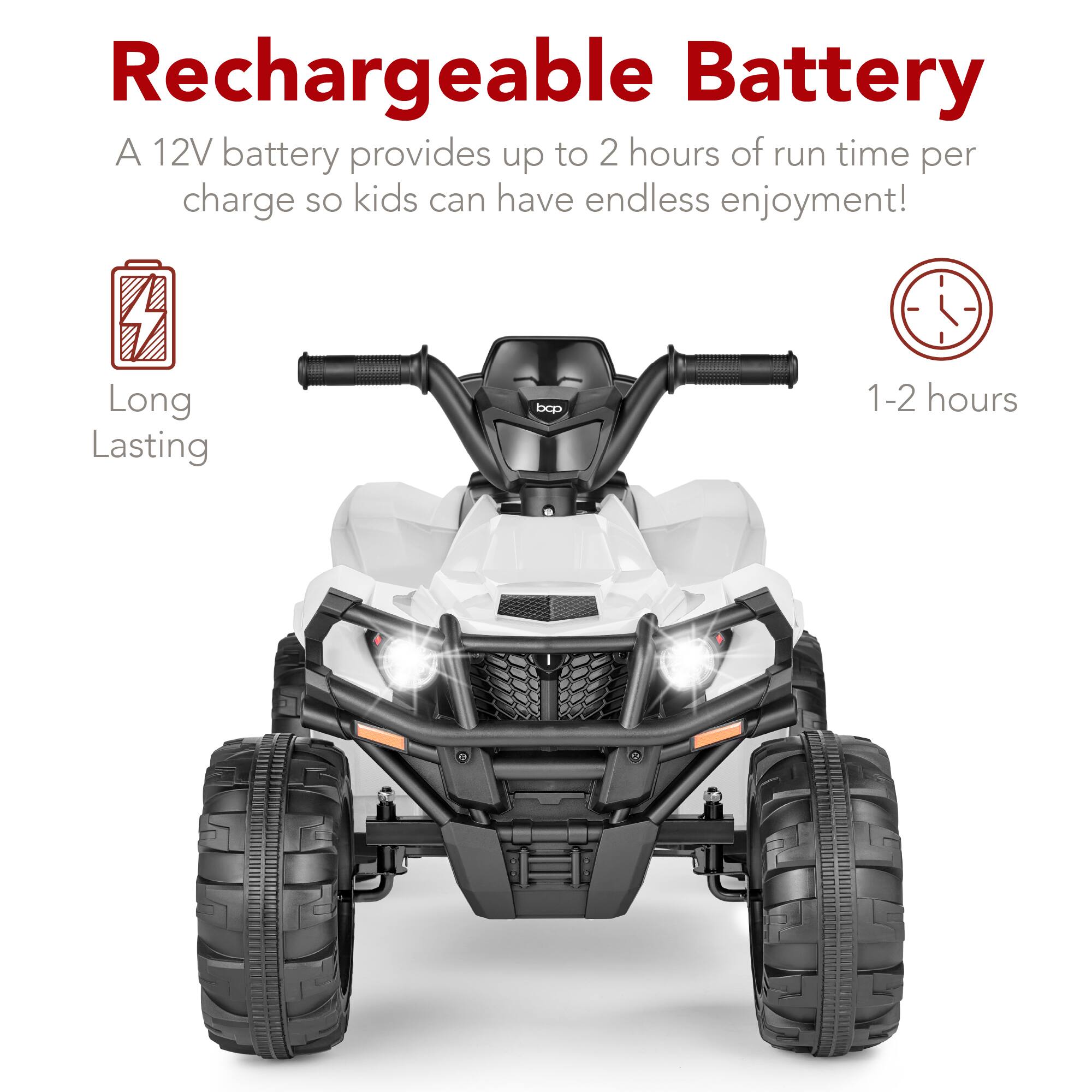 Rechargeable Battery: A 12V battery provides up to 2 hours of run time per charge, so kids can have endless enjoyment! Long Lasting: 1-2 hours.