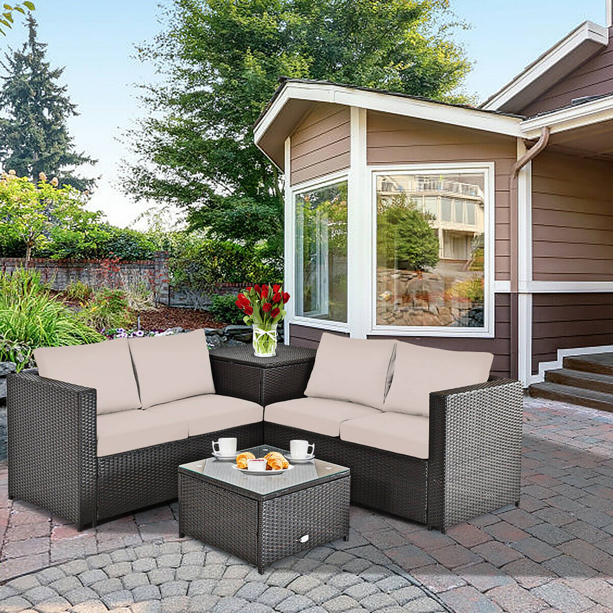 Alt View 3. Costway - Costway 8PCS Outdoor Patio Rattan Furniture Set Cushioned Loveseat Storage Table - Brown.