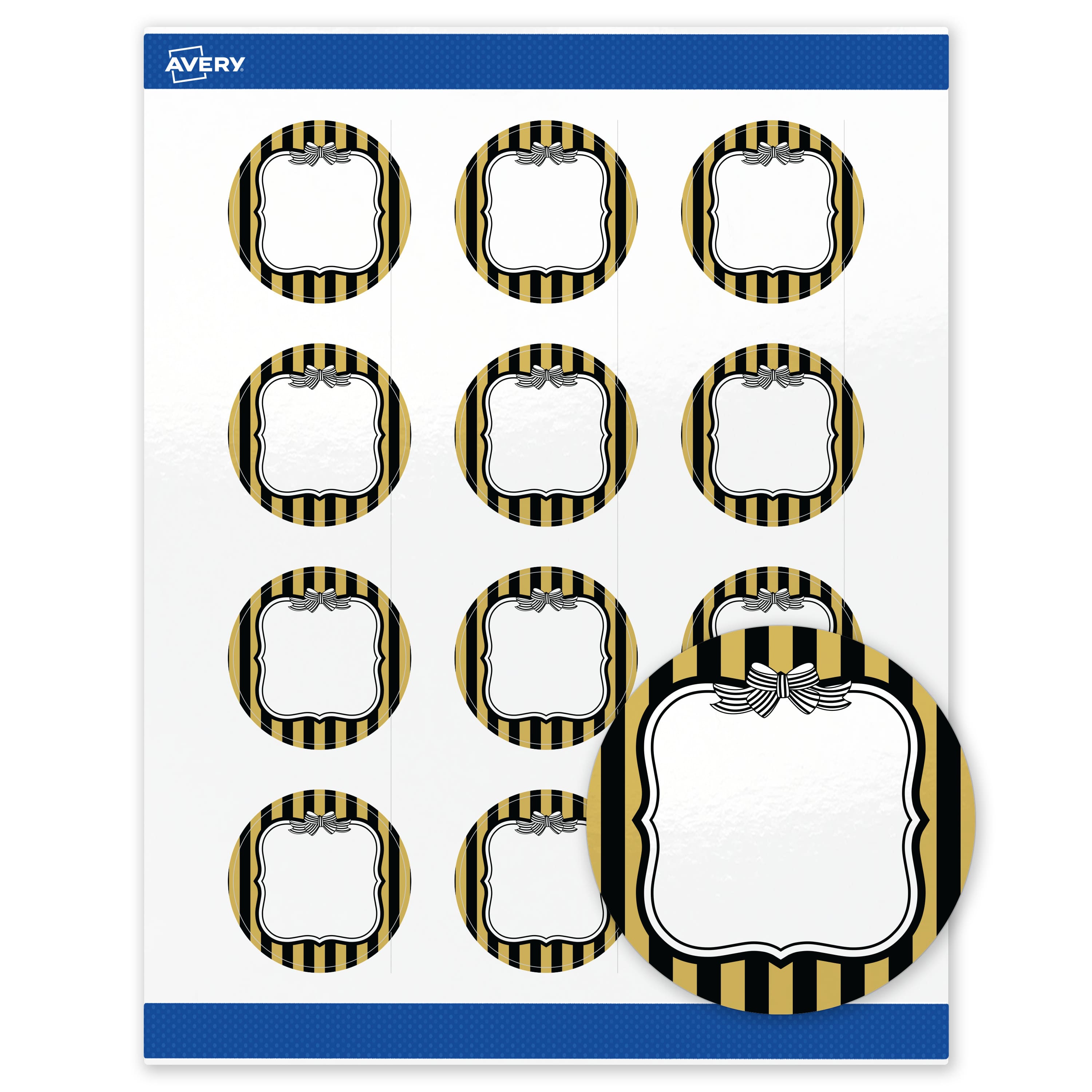 "Avery - Labels, 2"" Diameter, Glossy Gold & Black Stripes/Bow - White" price history on PriceWatchPro