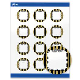 Avery - Labels, 2" Diameter, Glossy Gold & Black Stripes/Bow - White