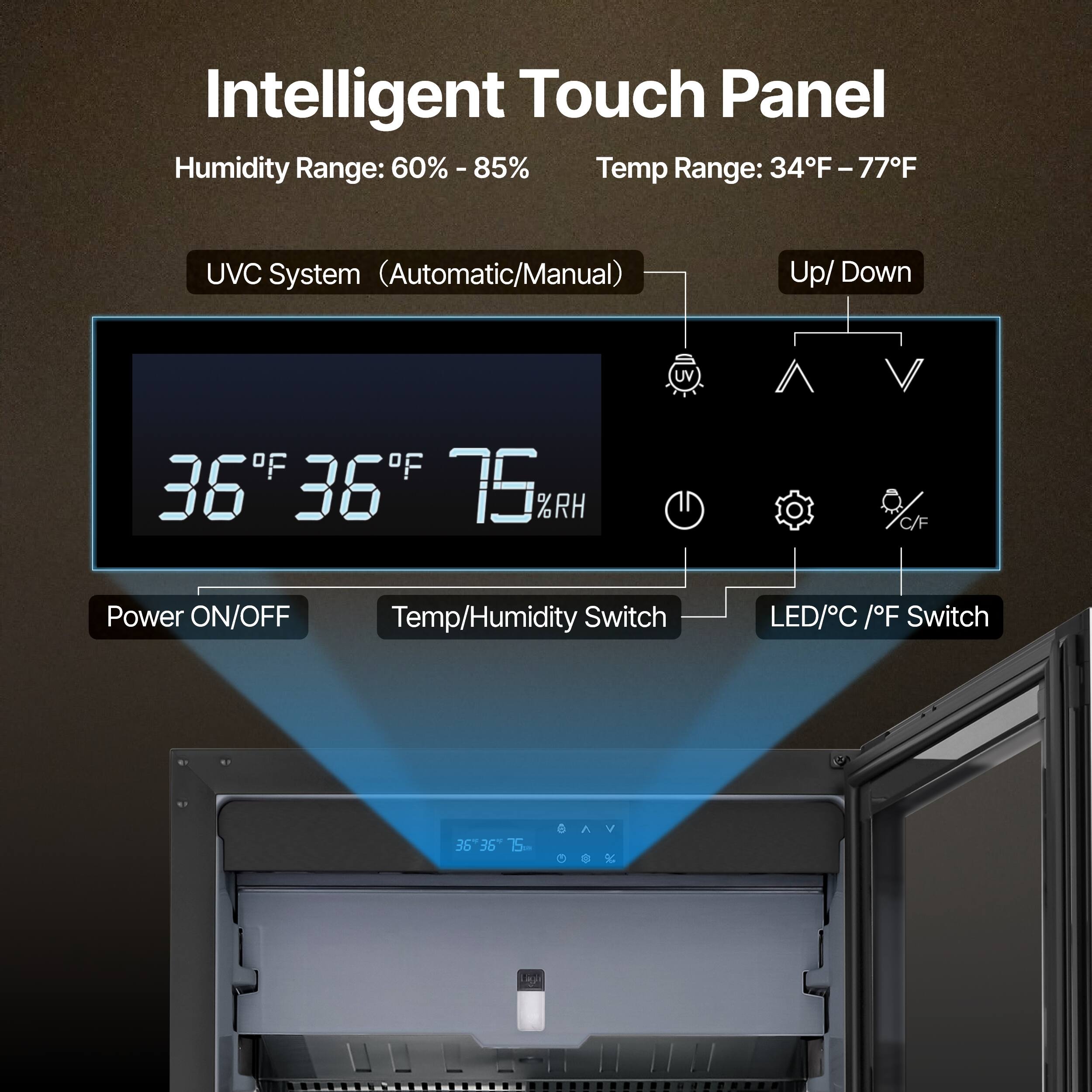 Intelligent Touch Panel  
Humidity Range: 60% - 85%  
Temp Range: 34°F - 77°F  

UVC System (Automatic/Manual)  
Up/Down  

Power ON/OFF  
Temp/Humidity Switch  
LED/°C / °F Switch  

36°F 36°F 75% RH
