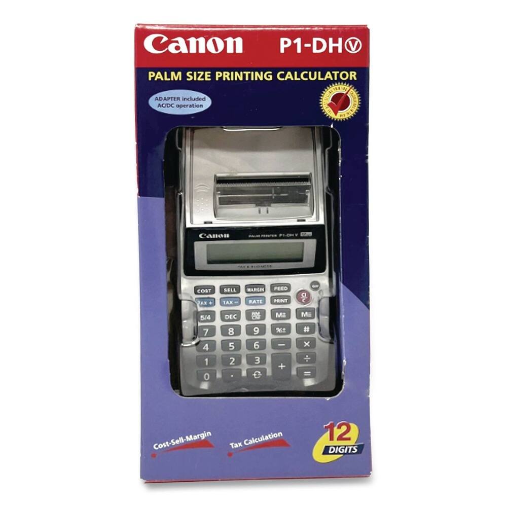 Canon P1-DH  
PALM SIZE PRINTING CALCULATOR  
ADAPTER included  
AC/DC operation  

COST SELL MARGIN TAX Calculation  
12 DIGITS  

Cost-Sell-Margin  
Tax Calculation