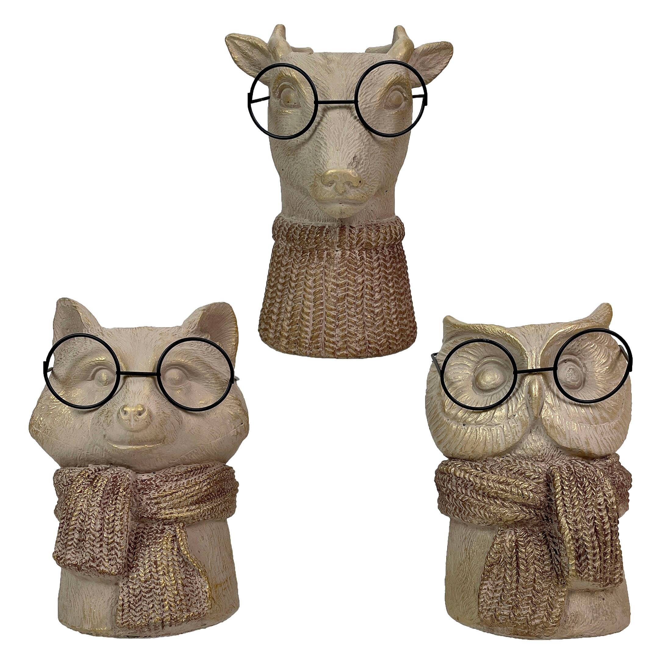 Alt View 1. Things2Die4 - Set of 3 Bespectacled Animal Vases Fox Owl Deer Gold Accent Knit Scarves Glasses - Taupe.