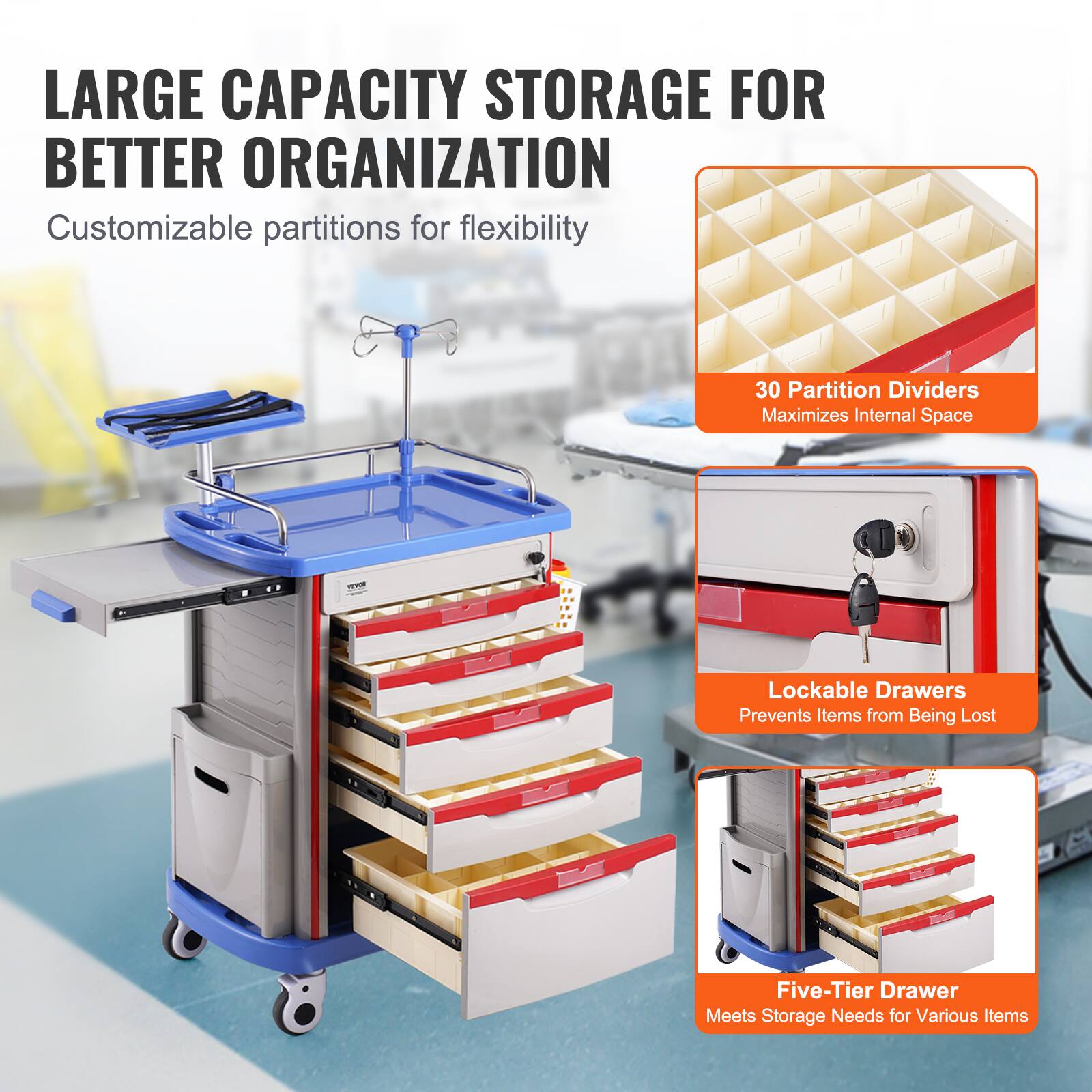 LARGE CAPACITY STORAGE FOR BETTER ORGANIZATION
Customizable partitions for flexibility
30 Partition Dividers Maximizes Internal Space
Lockable Drawers Prevents Items from Being Lost
Five-Tier Drawer Meets Storage Needs for Various Items