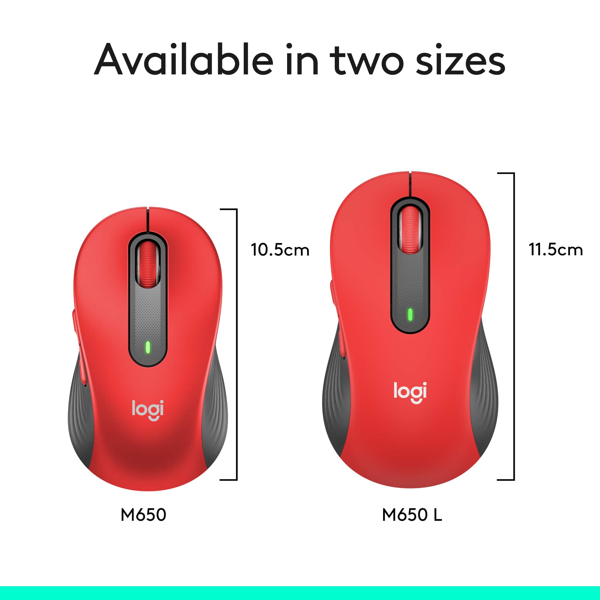 Available in two sizes: 10.5cm and 11.5cm. Logi M650 and Logi M650 L.