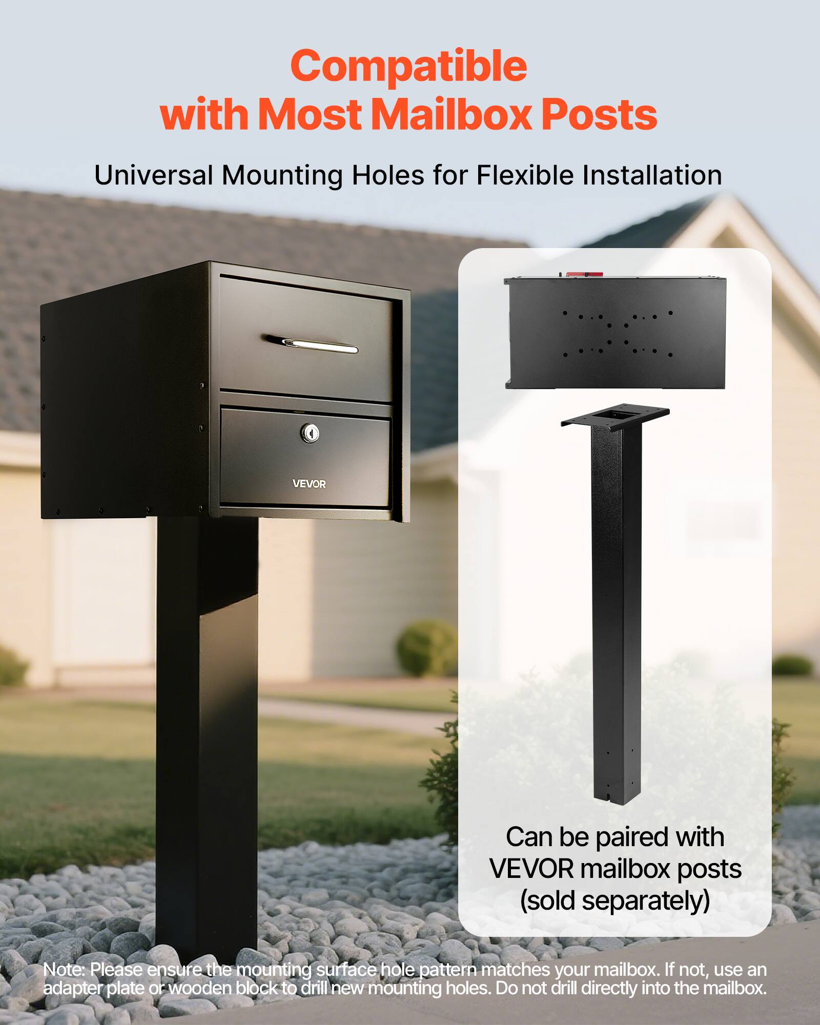 Compatible with Most Mailbox Posts  
Universal Mounting Holes for Flexible Installation  

Can be paired with VEVOR mailbox posts (sold separately)  

Note: Please ensure the mounting surface hole pattern matches your mailbox. If not, use an adapter plate or wooden block to drill new mounting holes. Do not drill directly into the mailbox.