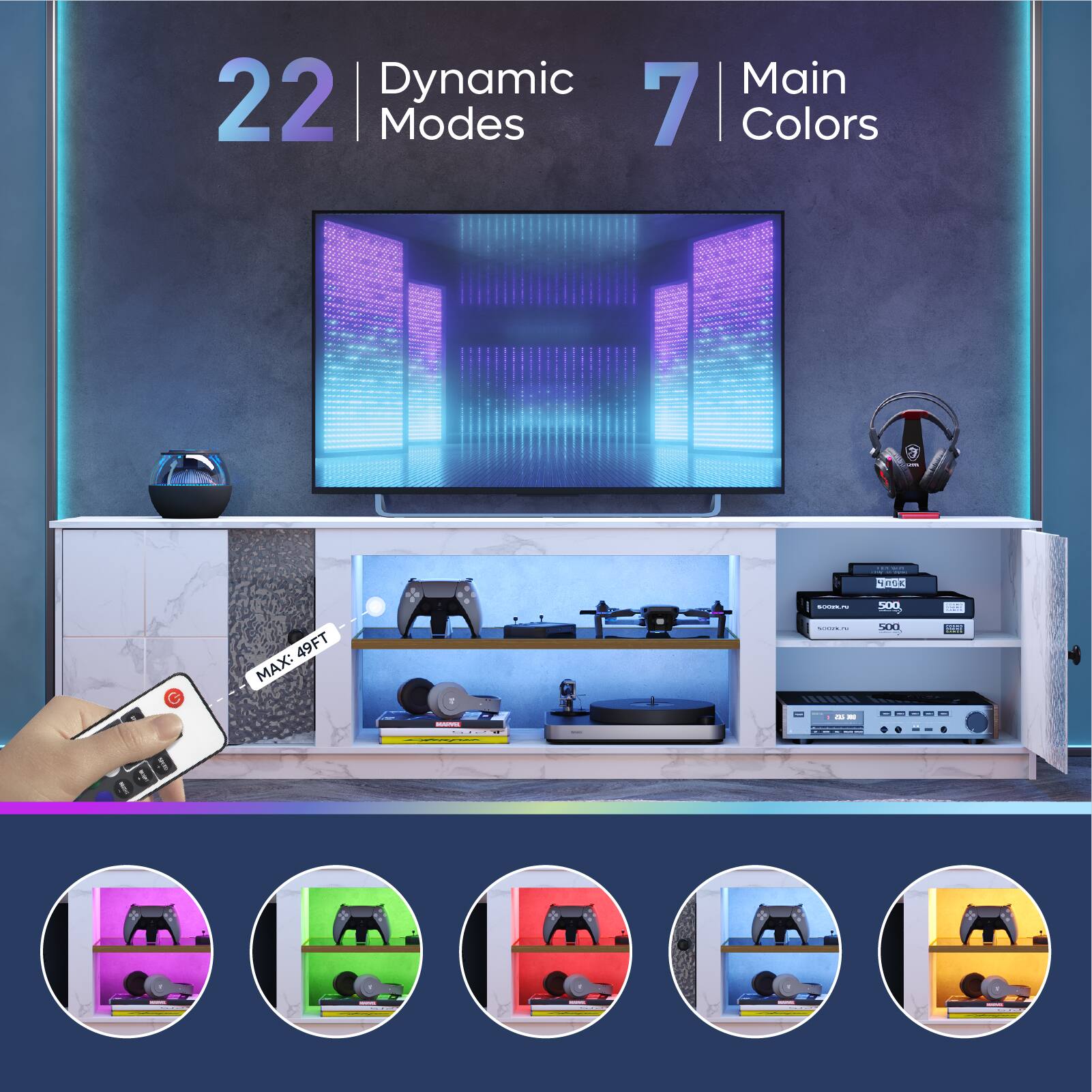 The text on the image can be grouped and corrected as follows:

Dynamic: 22 Modes 7 Colors

This indicates that the TV has a dynamic display with 22 modes and 7 colors, providing a visually engaging and immersive viewing experience.