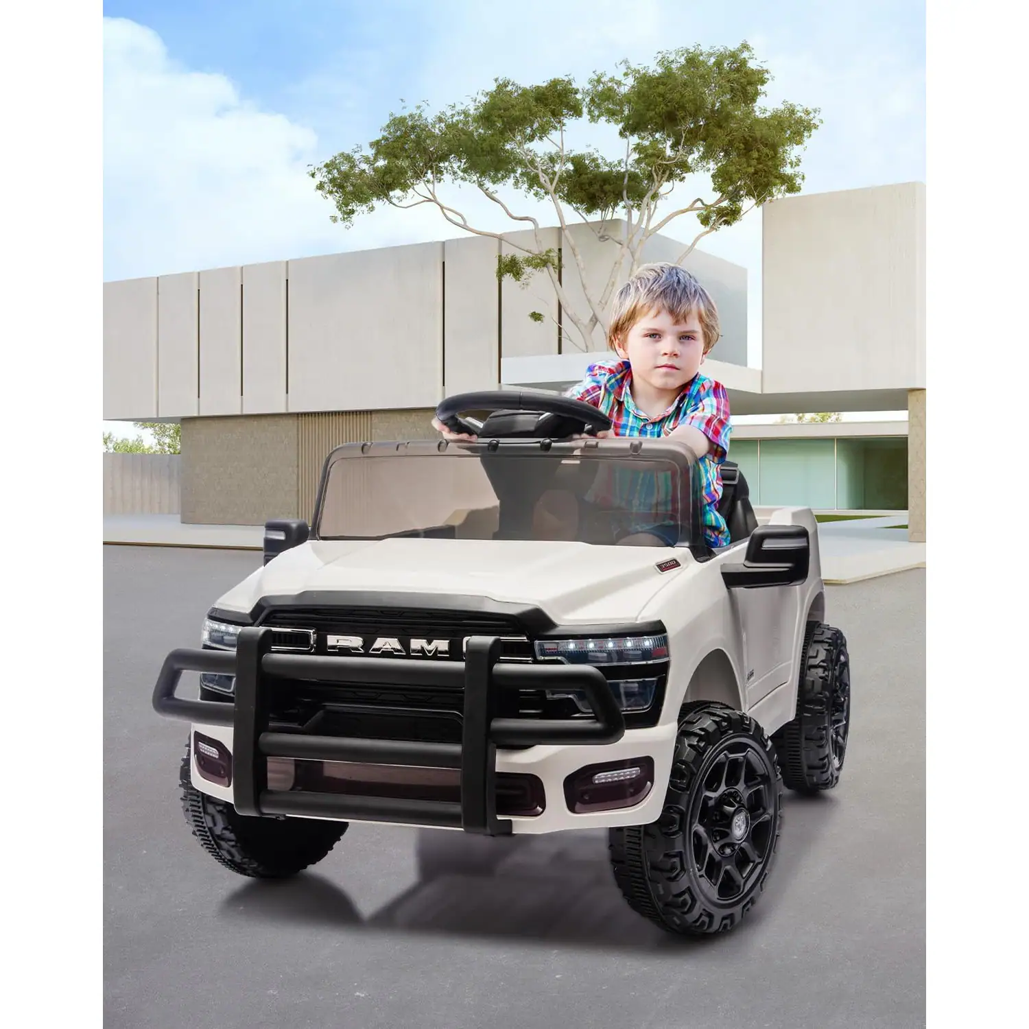 Left. GARVEE - 12V Licensed RAM Pickup Ride-On Truck, Remote Control, 3 Speeds, LED Lights, Music, All-Terrain - White.