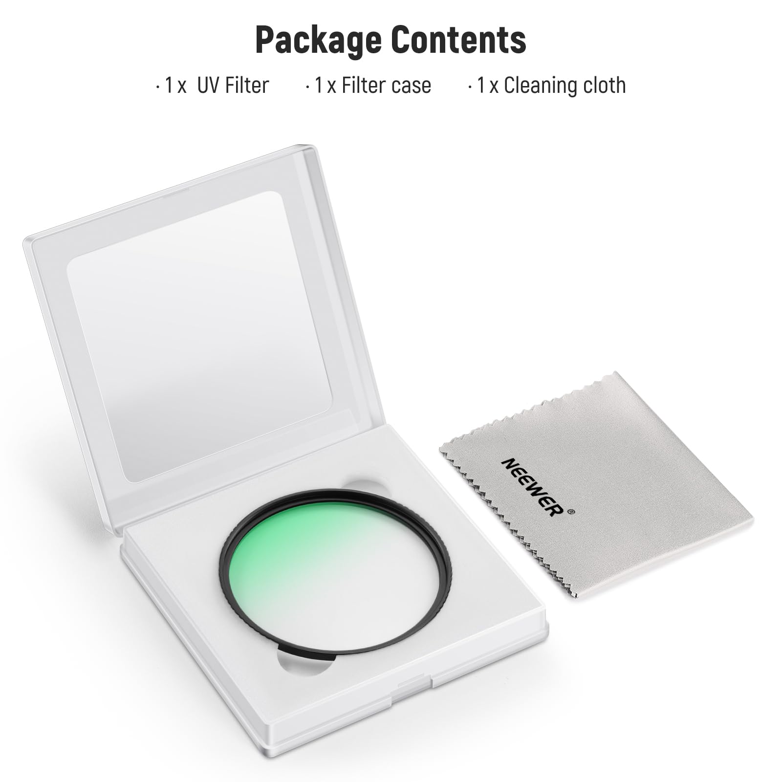 Package Contents

- 1 x UV Filter
- 1 x Filter case
- 1 x Cleaning cloth
