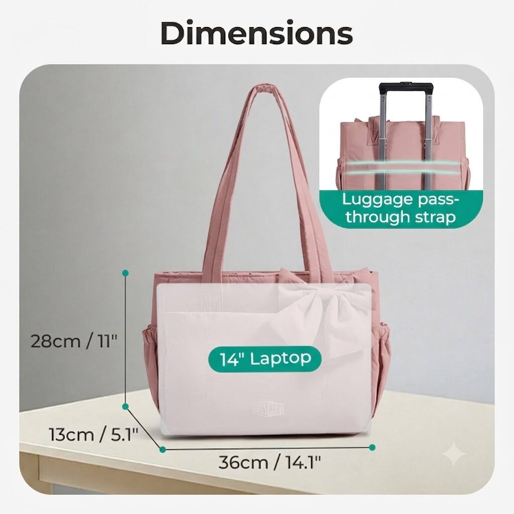 Dimensions  
Luggage pass-through strap: 28cm / 11"  
Laptop: 13cm / 5.1" x 36cm / 14.1"