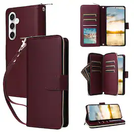 Dteck - Crossbody Wallet Case for Samsung Galaxy S25 FE, Shockproof Zipper Pocket PU Leather Folio Cover with 9 Card Slots - Winered