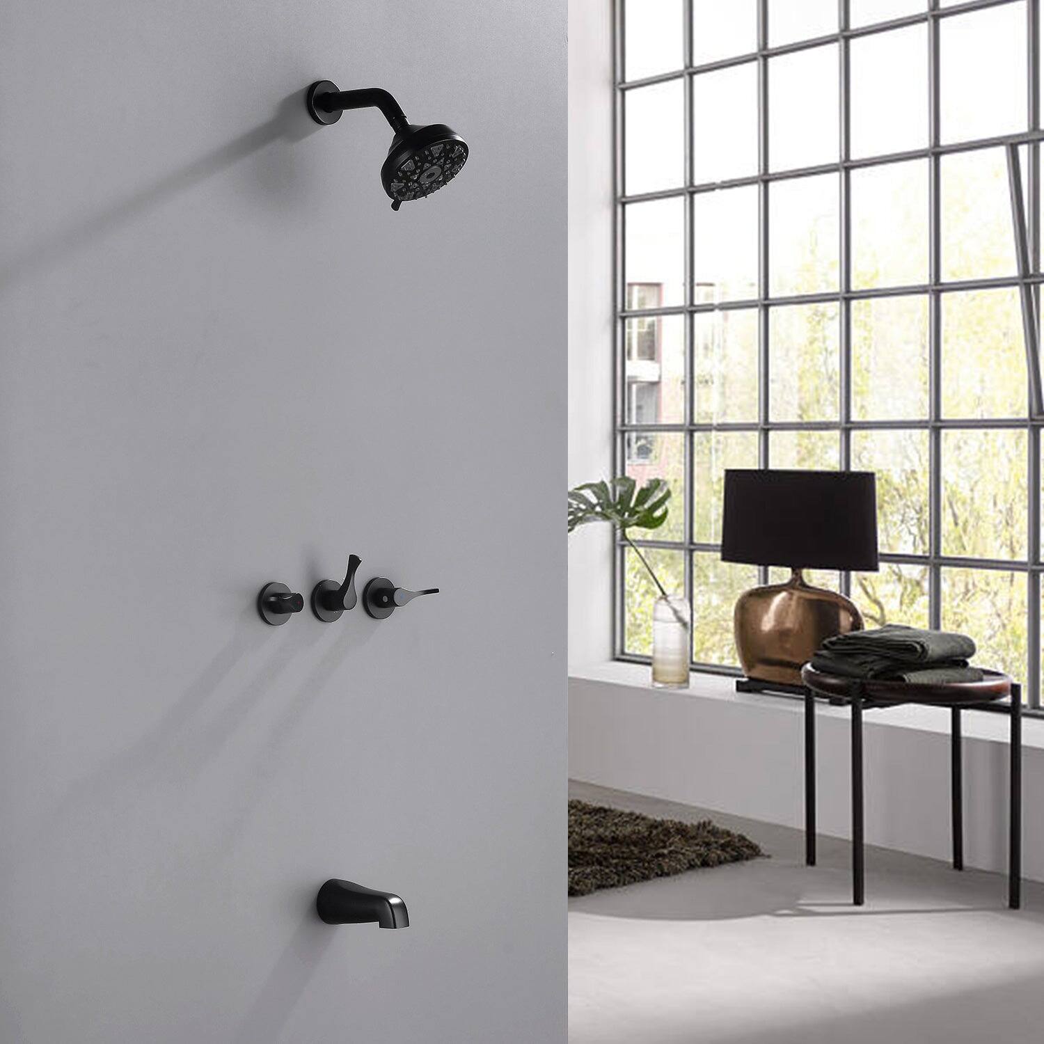 Alt View 2. Boyel Living - Matte Black Shower Set with 6 Function ABS Overhead Shower Three Handle Control and High Flow Tub Spout - Matte Black.