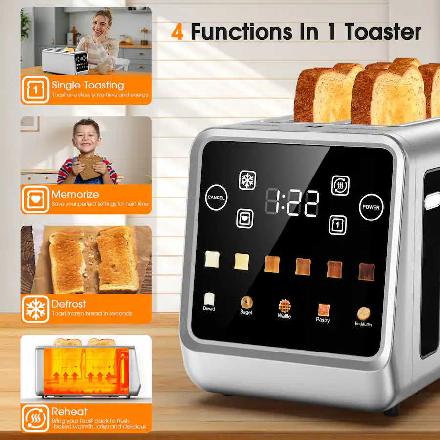 Teendow Touchscreen Toaster 4 Slice 1400W, Stainless Steel Smart Bread ...