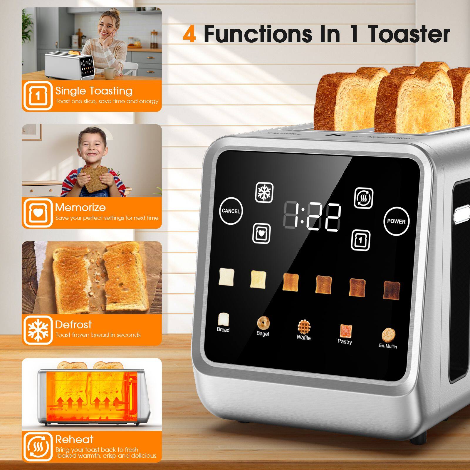 4 Functions In 1 Toaster

1. Single Toasting
   - Toast one slice, save time and energy

2. Memorize
   - Save your perfect settings for next time

3. Defrost
   - Toast frozen bread in seconds

4. Reheat
   - Bring your toast back to fresh-baked warmth, crisp and delicious