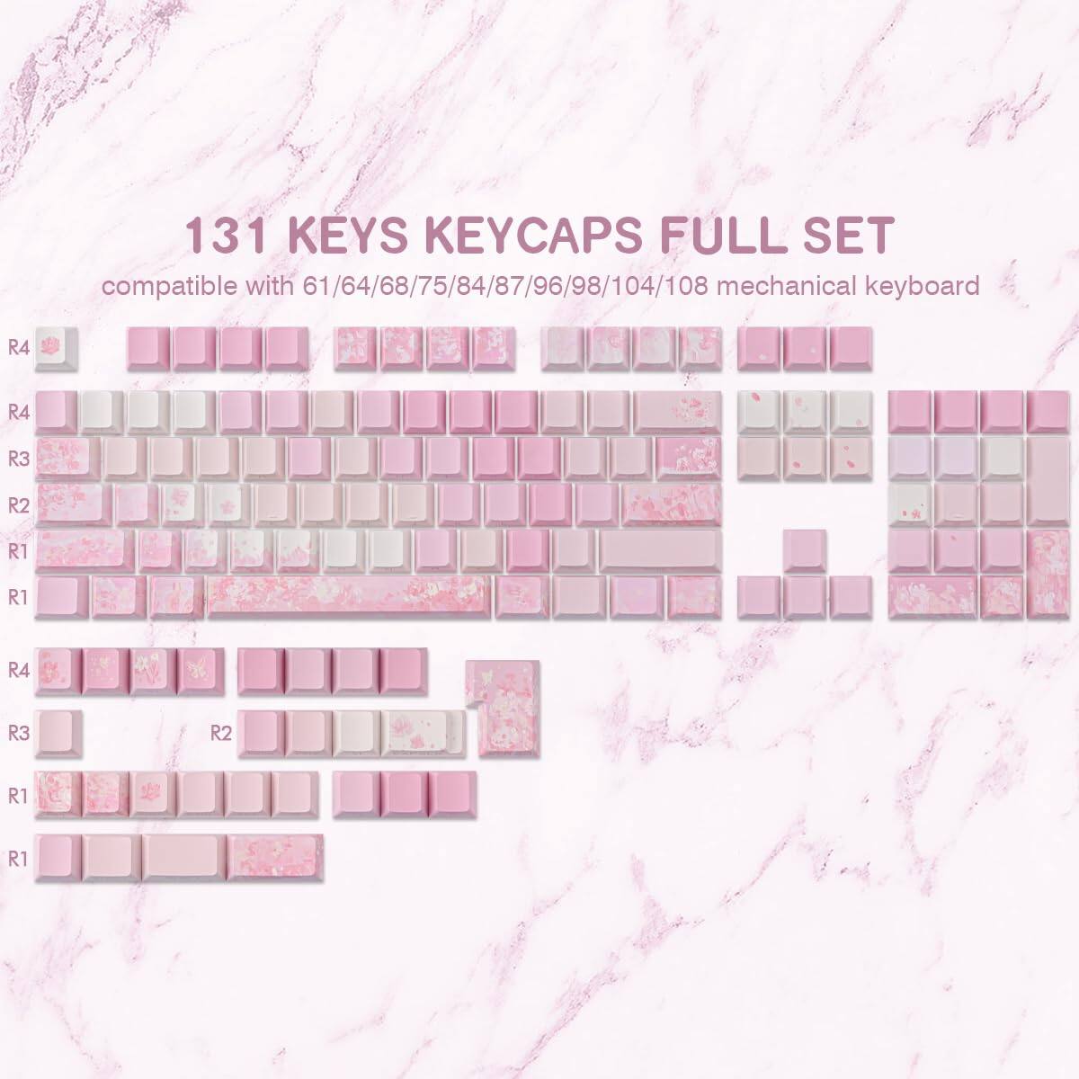 131 KEYS KEYCAPS FULL SET  
compatible with 61/64/68/75/84/87/96/98/104/108 mechanical keyboard  

R4  
R4  
R3  
R2  
R1  
R1  
R4  
R3  
R2  
R1  
R1