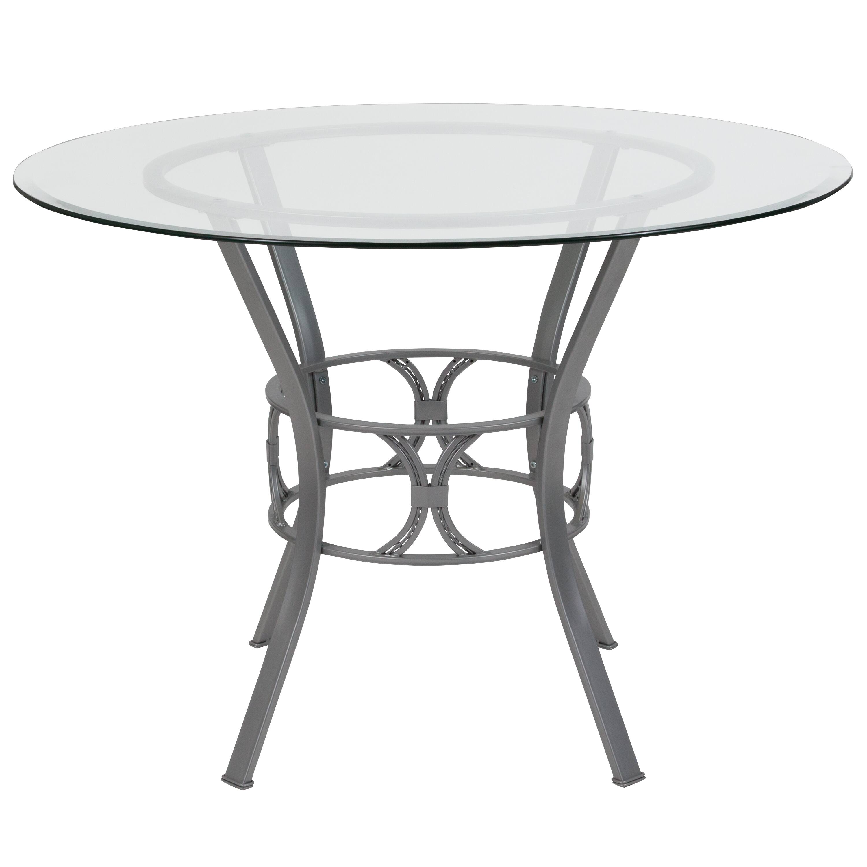 Alt View 2. Emma + Oliver - 42" Round Glass Dining Table with Metal Frame - Clear Top/Silver Frame.