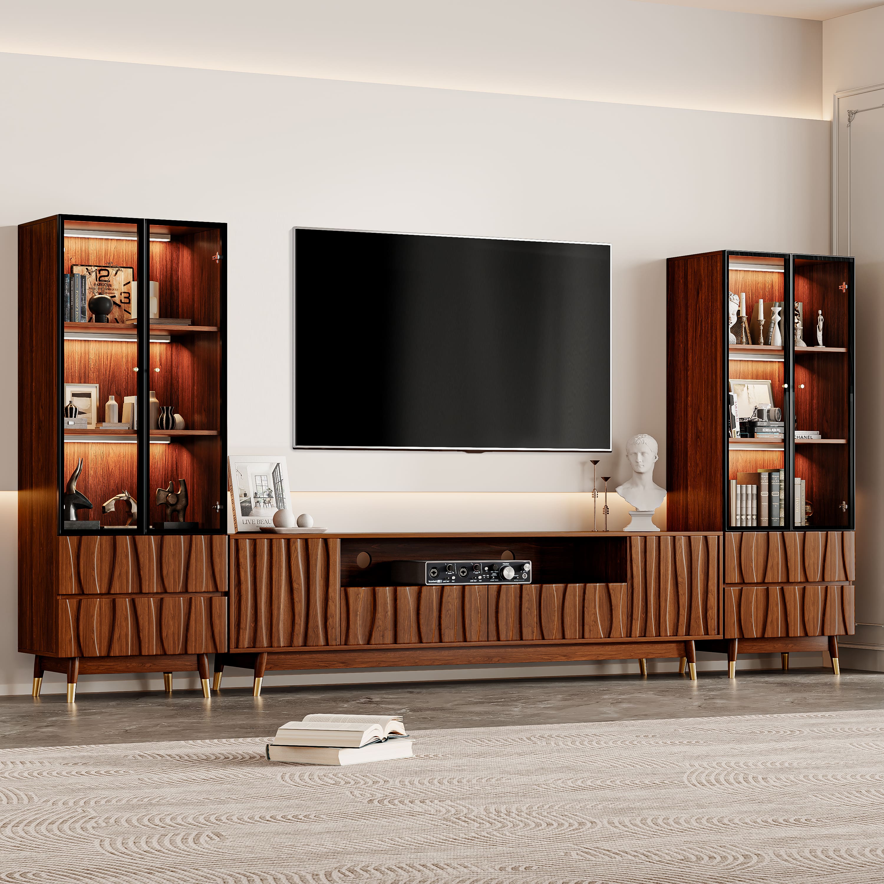 MSOOB - Walnut TV Stand and 2 Glass Display Cabinet Set, Mid-century Modern Living Room Entertainment Center for TVs up to 85'' - Brown