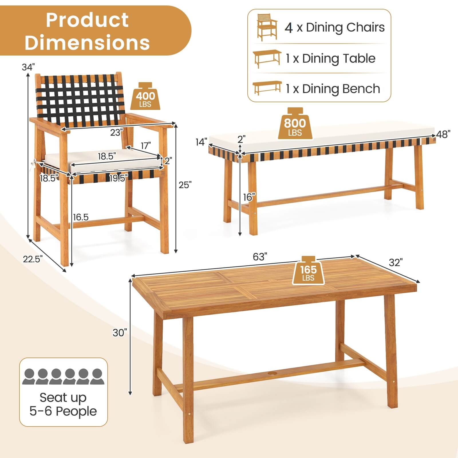 Product Dimensions

- 4 x Dining Chairs
- 1 x Dining Table
- 1 x Dining Bench

Dimensions:
- Dining Chair: 34" H x 23" W x 18.5" D
- Dining Table: 48" L x 25" W x 30" H
- Dining Bench: 63" L x 18.5" W x 16" H

Weight Capacity:
- Dining Chair: 400 LBS
- Dining Table: 800 LBS
- Dining Bench: 165 LBS

Seat up 5-6 People